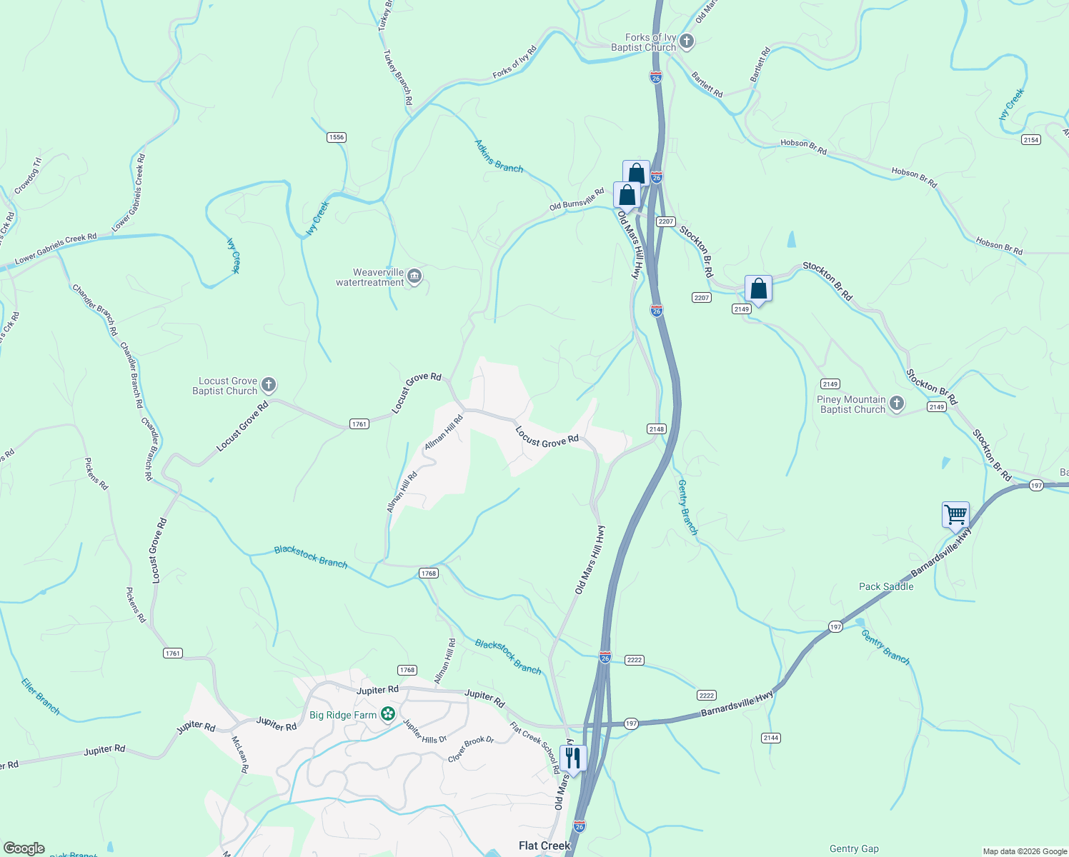 map of restaurants, bars, coffee shops, grocery stores, and more near 83 Locust Grove Road in Weaverville