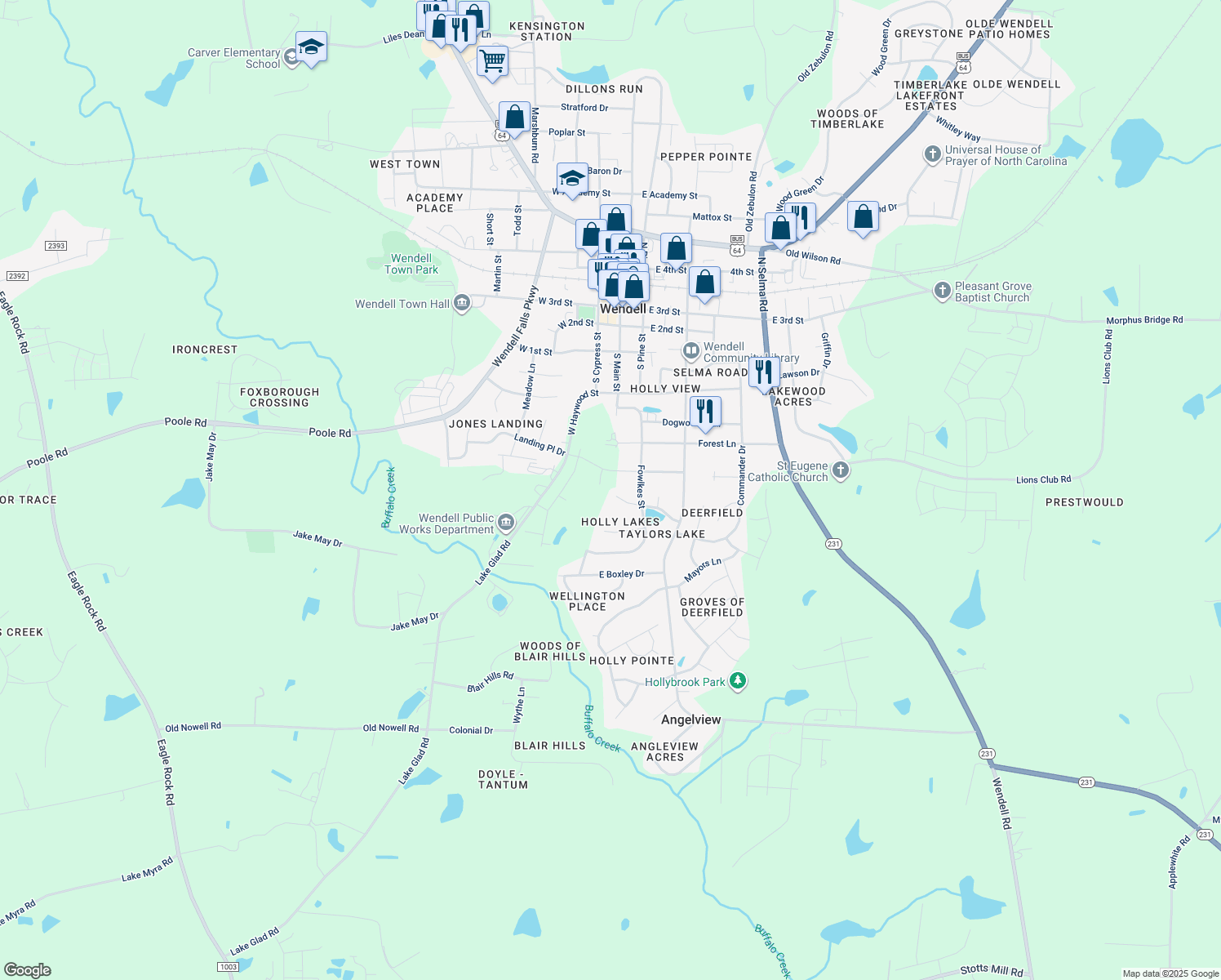 map of restaurants, bars, coffee shops, grocery stores, and more near 233 Redberry Drive in Wendell
