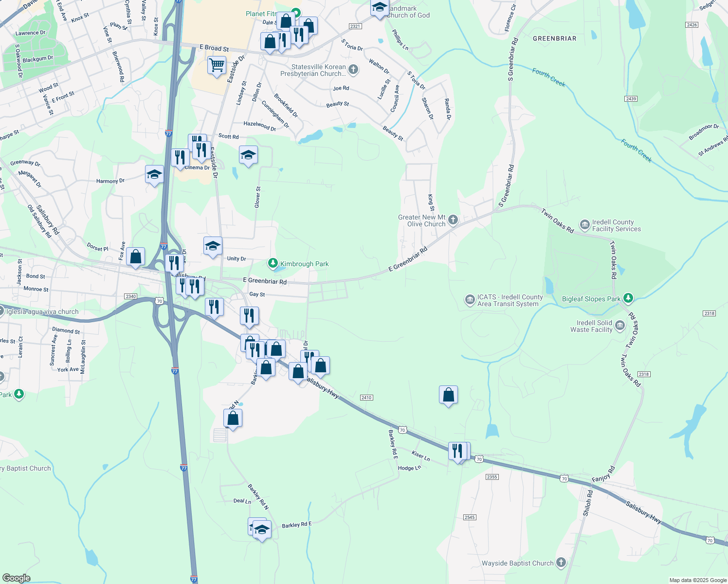 map of restaurants, bars, coffee shops, grocery stores, and more near 2110 E Greenbriar Rd in Statesville