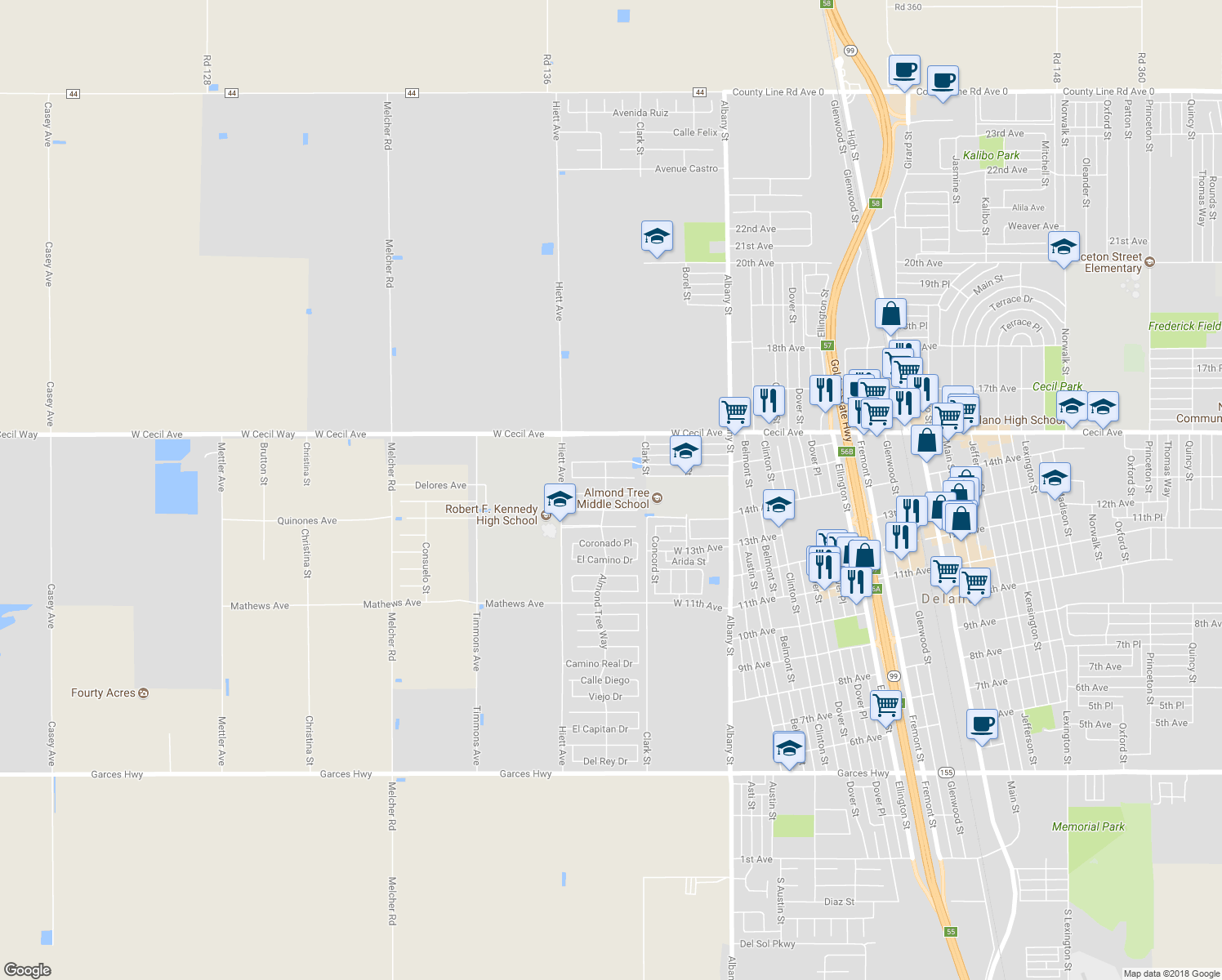 map of restaurants, bars, coffee shops, grocery stores, and more near 1470 Almond Tree Way in Delano