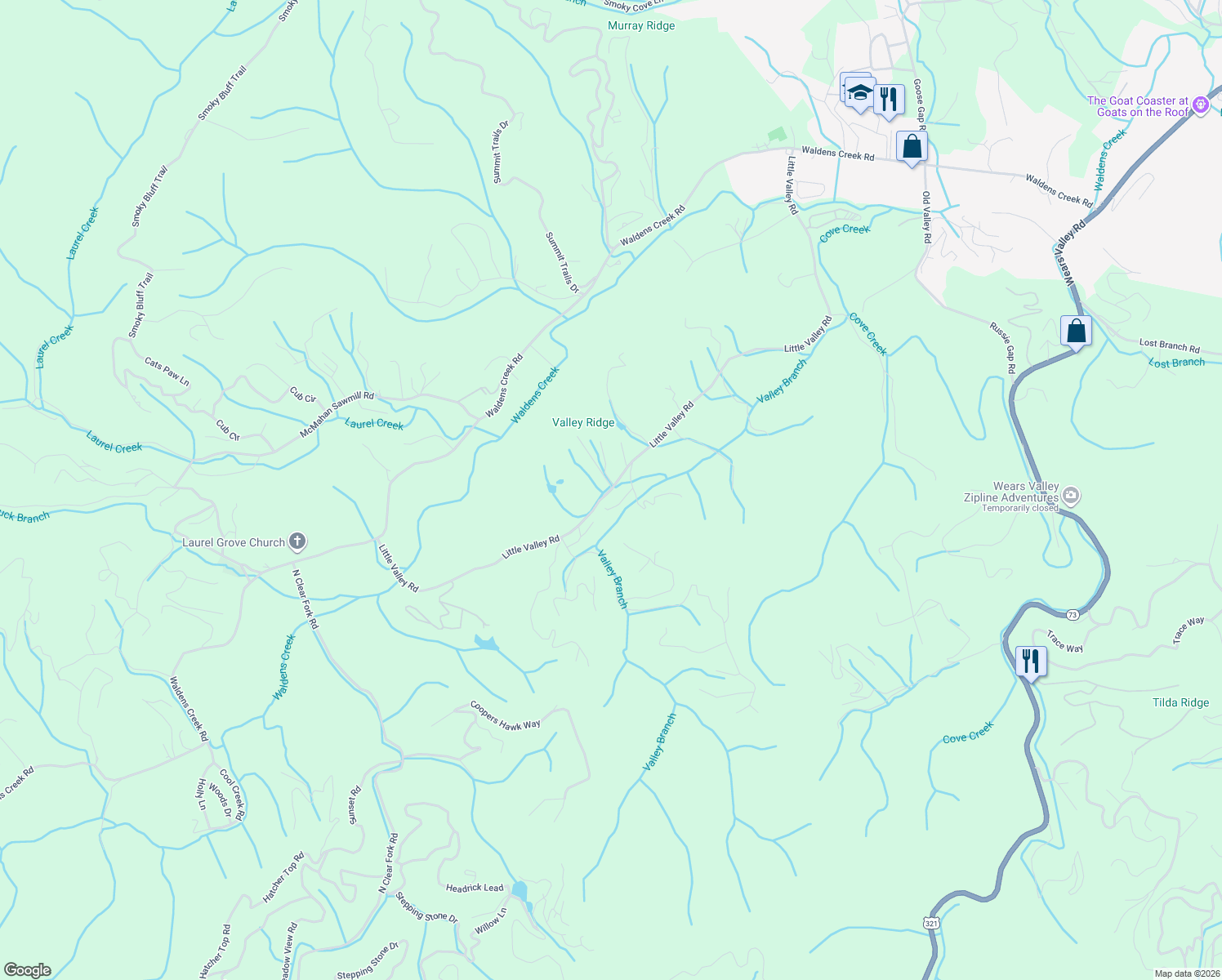 map of restaurants, bars, coffee shops, grocery stores, and more near 2263 Little Valley Road in Sevierville