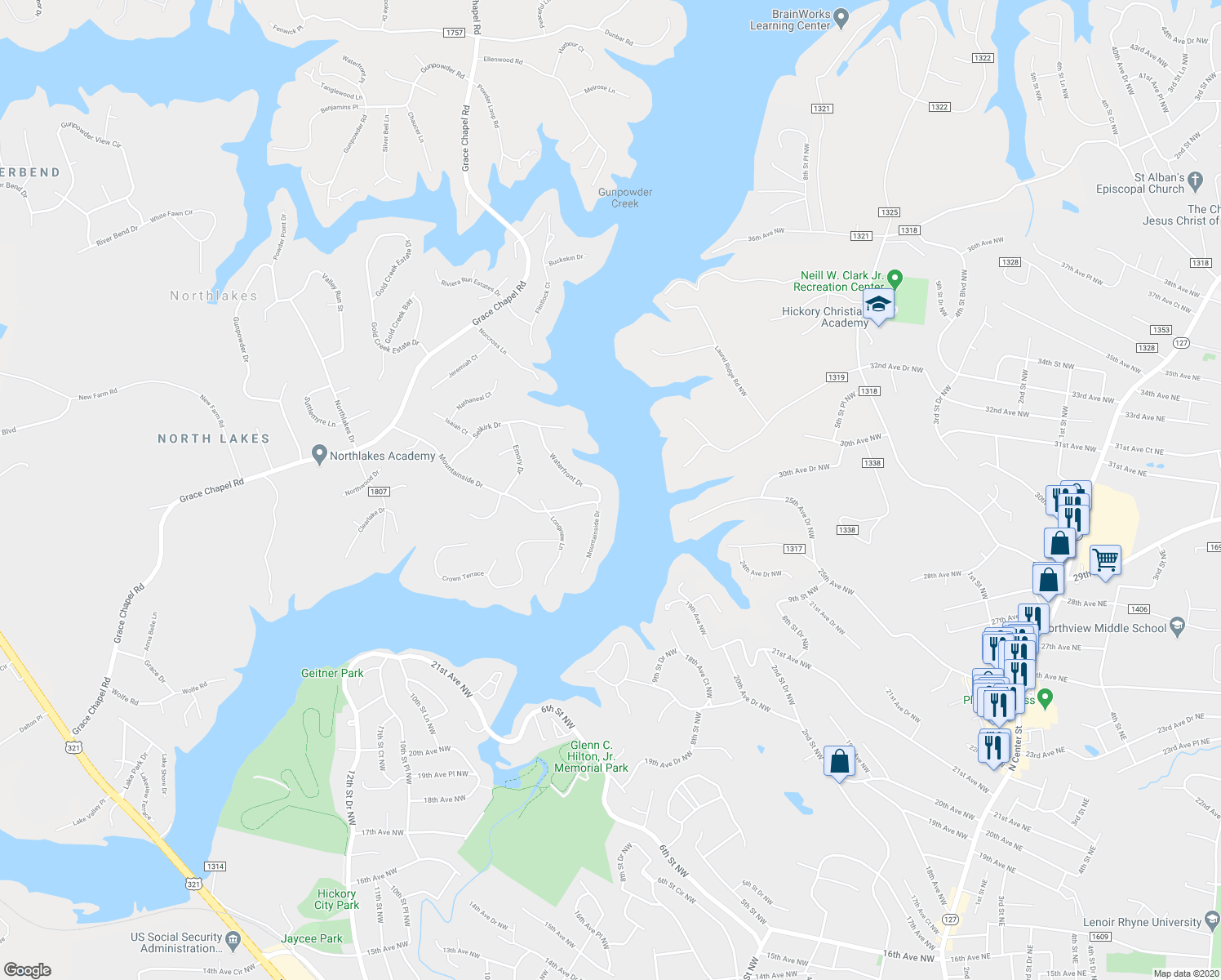 map of restaurants, bars, coffee shops, grocery stores, and more near 6706 Waterfront Drive in Hickory