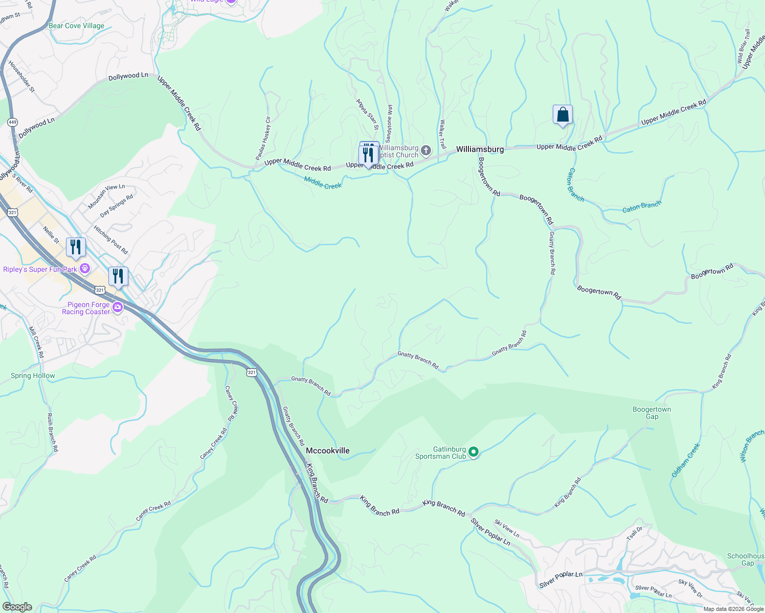 map of restaurants, bars, coffee shops, grocery stores, and more near 933 Gnatty Branch Road in Pigeon Forge