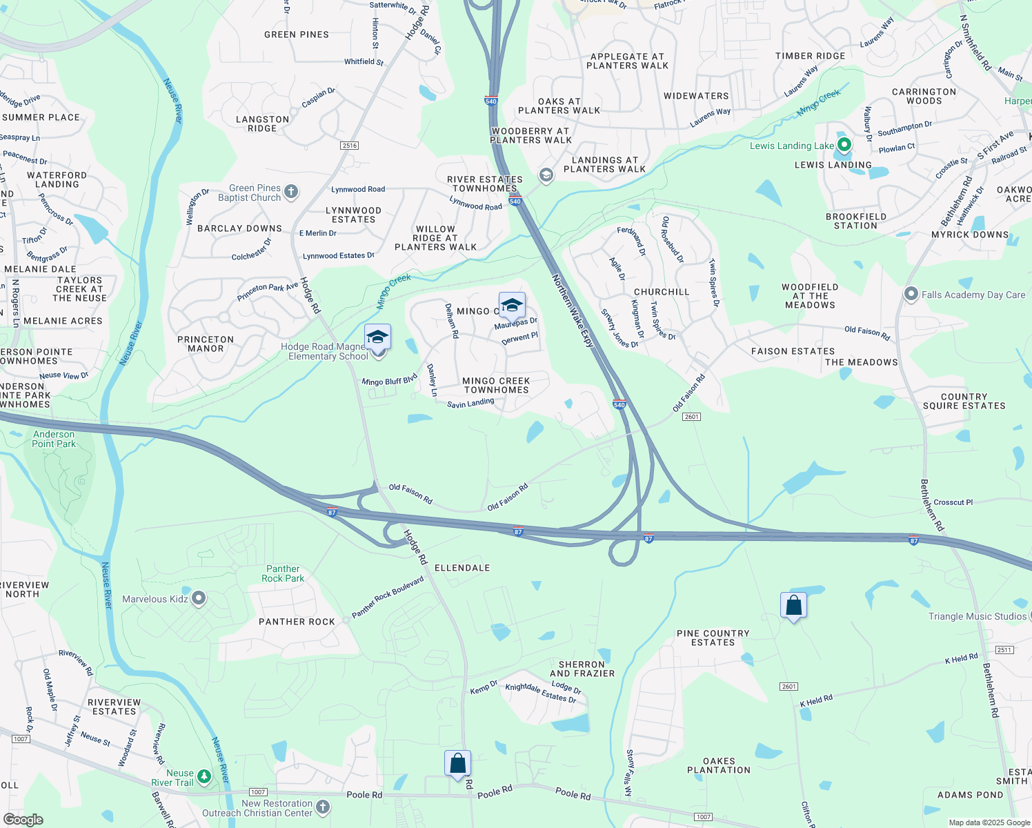 map of restaurants, bars, coffee shops, grocery stores, and more near 1001 Plexor Lane in Knightdale