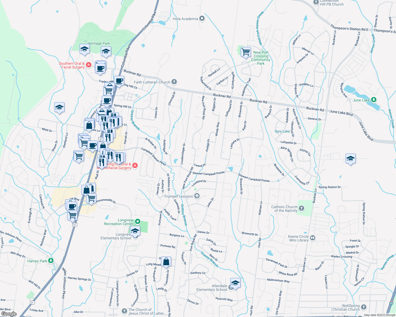 map of restaurants, bars, coffee shops, grocery stores, and more near 2785 Rutland Court in Thompson's Station