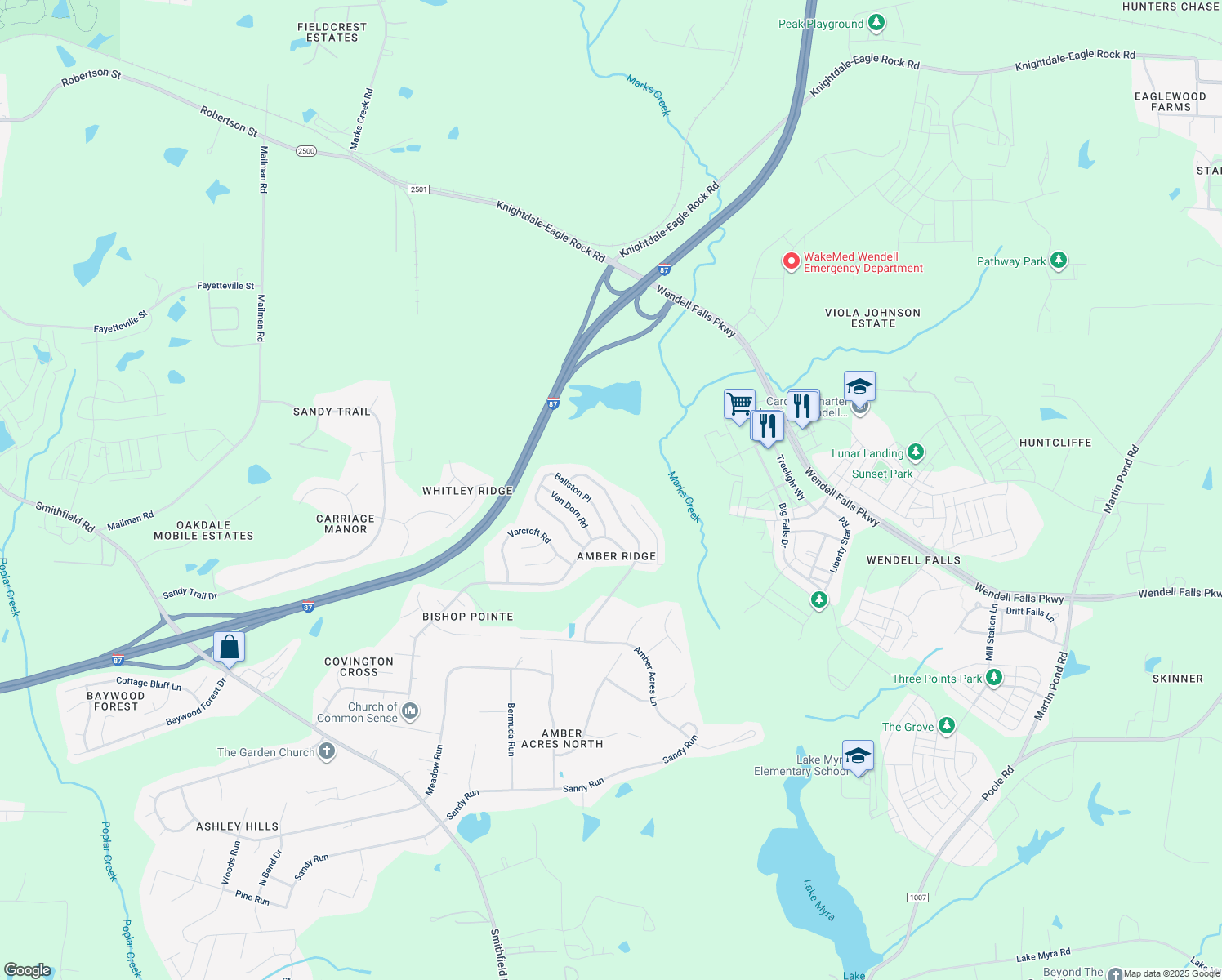 map of restaurants, bars, coffee shops, grocery stores, and more near 5952 Presentation Street in Knightdale