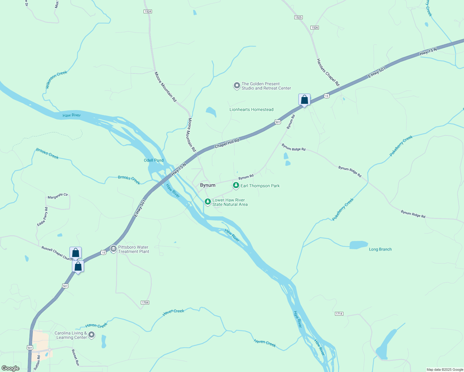 map of restaurants, bars, coffee shops, grocery stores, and more near 199 Bynum Hill Road in Pittsboro
