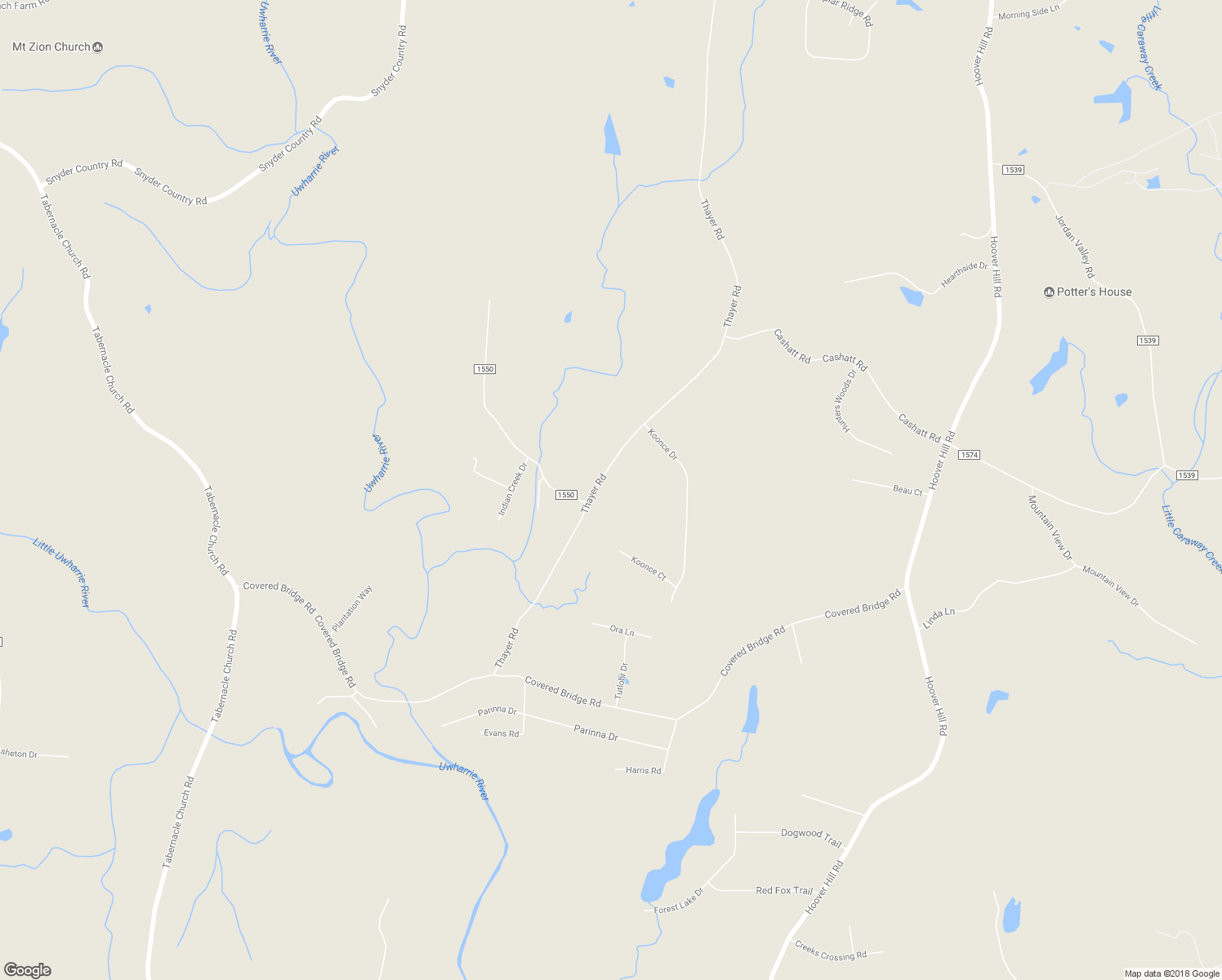 map of restaurants, bars, coffee shops, grocery stores, and more near 1432 Thayer Road in Trinity