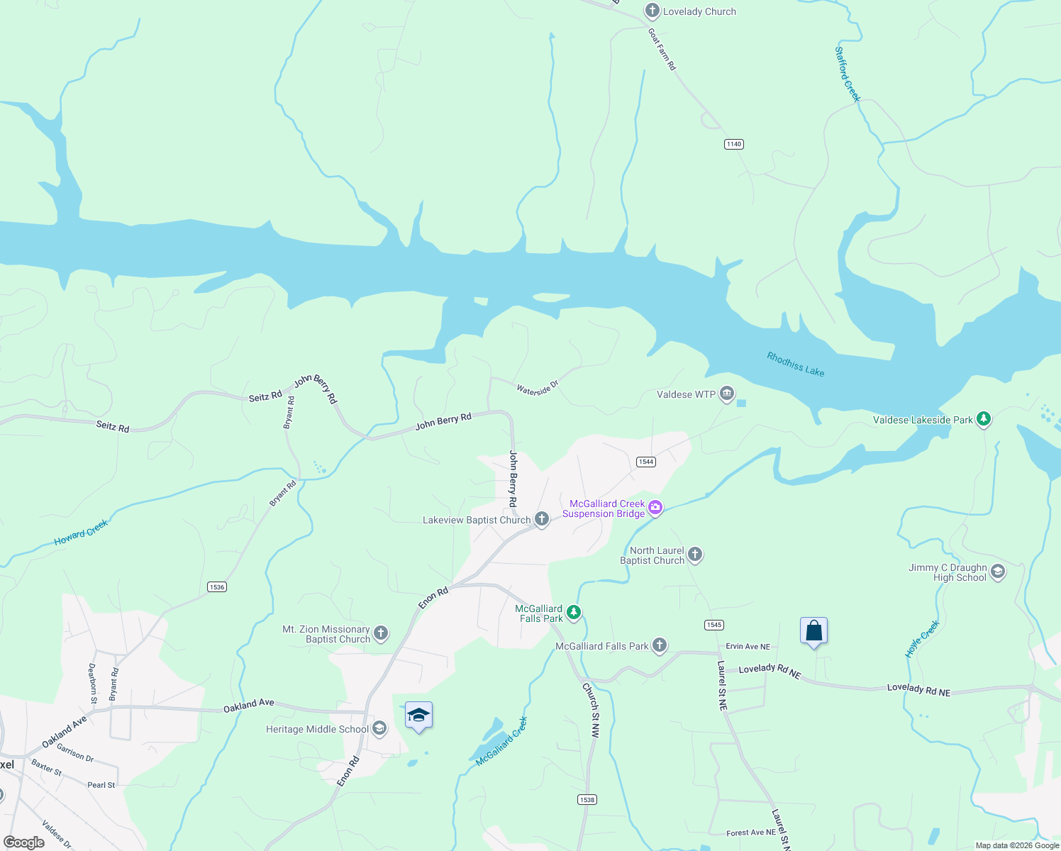 map of restaurants, bars, coffee shops, grocery stores, and more near 2174 Waterside Drive in Valdese