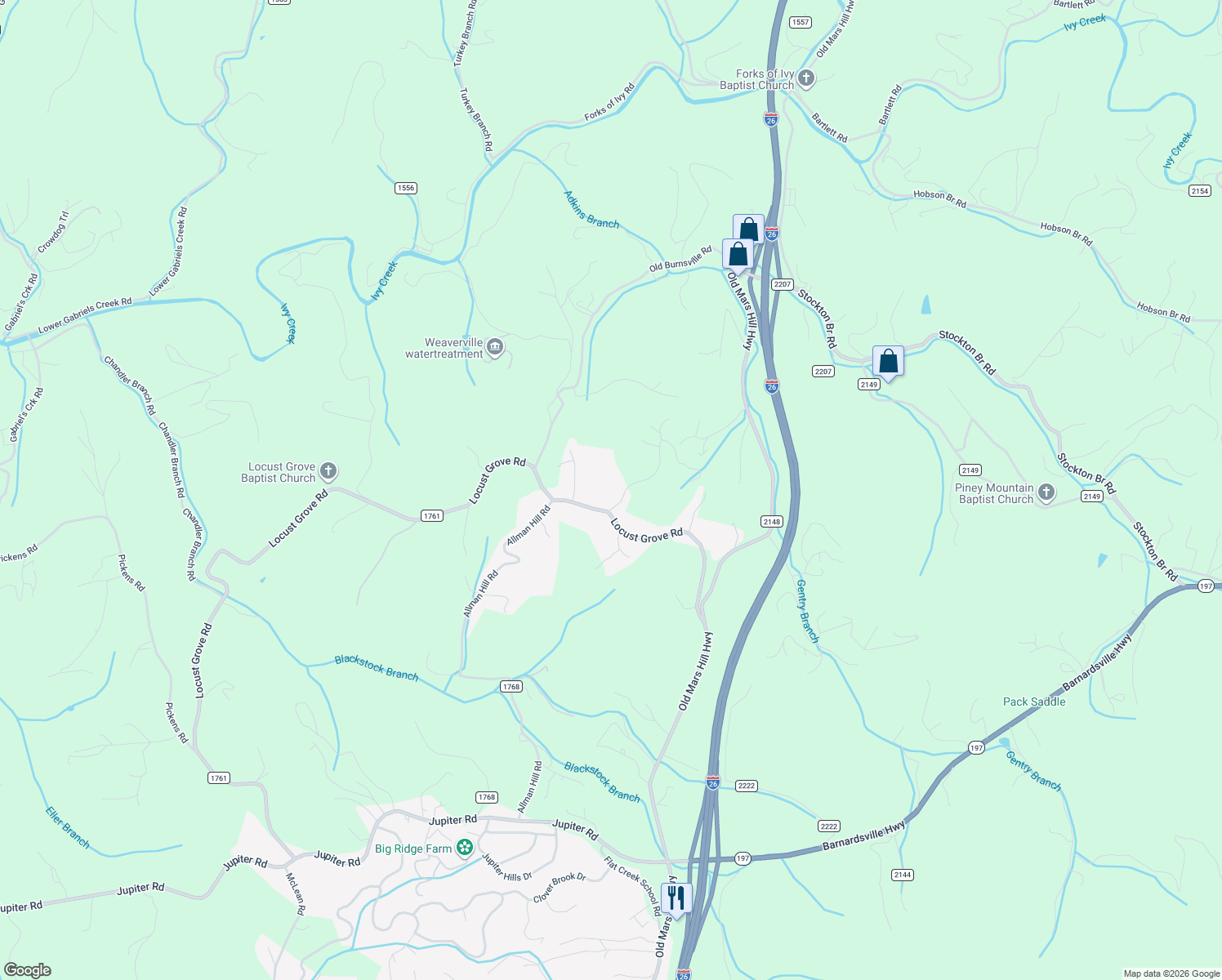 map of restaurants, bars, coffee shops, grocery stores, and more near 20 Moss Road in Weaverville
