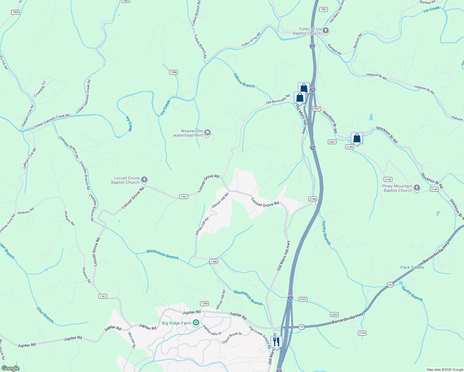 map of restaurants, bars, coffee shops, grocery stores, and more near 99999 Ford Valley Road in Weaverville