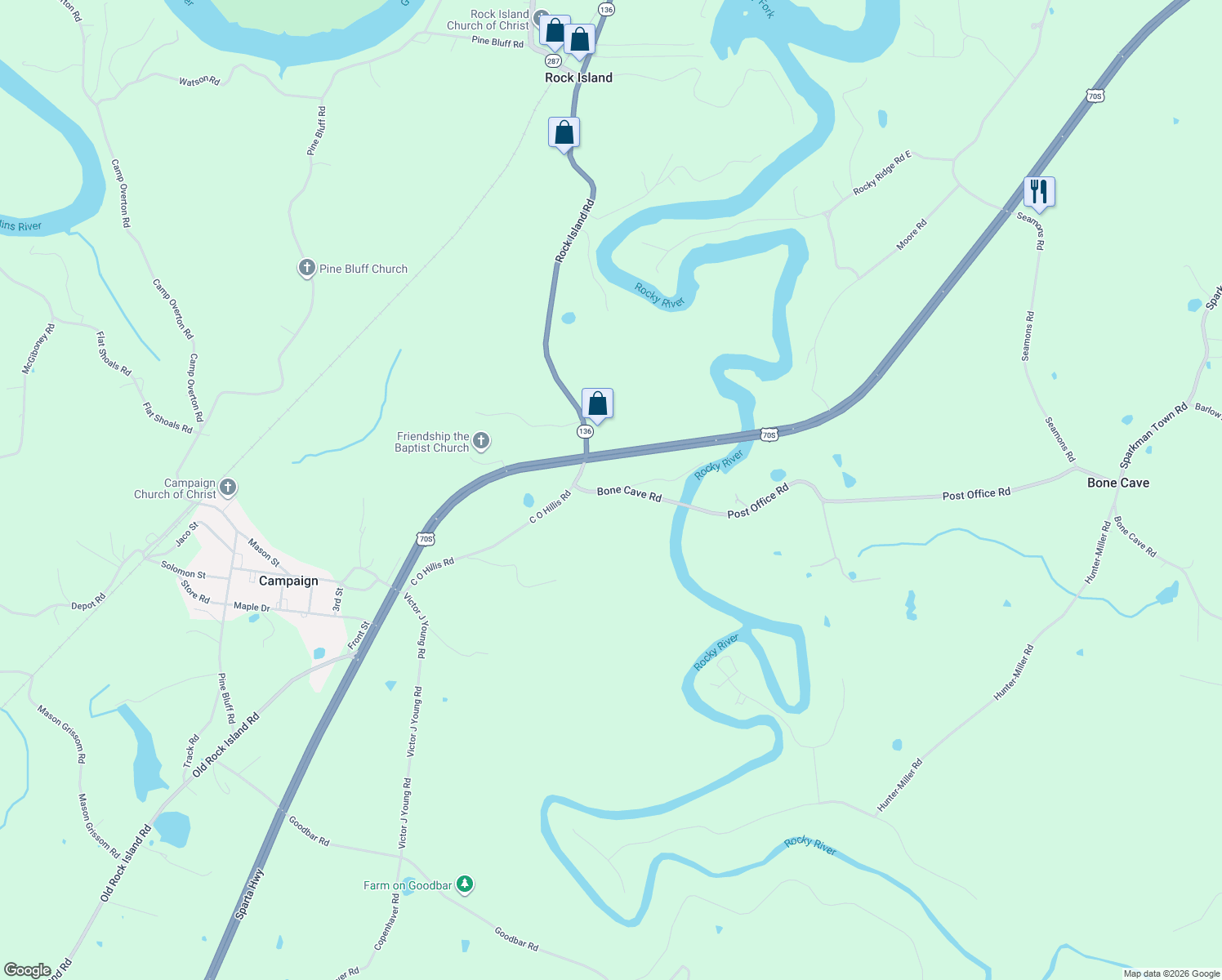 map of restaurants, bars, coffee shops, grocery stores, and more near 118 Bone Cave Rd in Rock Island