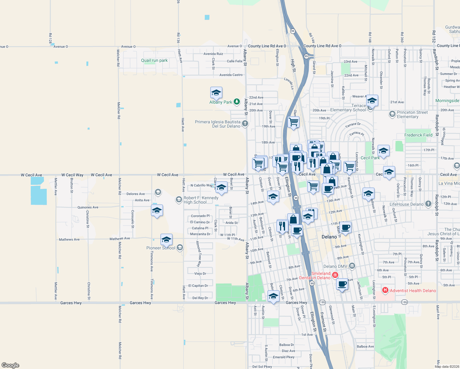 map of restaurants, bars, coffee shops, grocery stores, and more near 1509 Borel Street in Delano