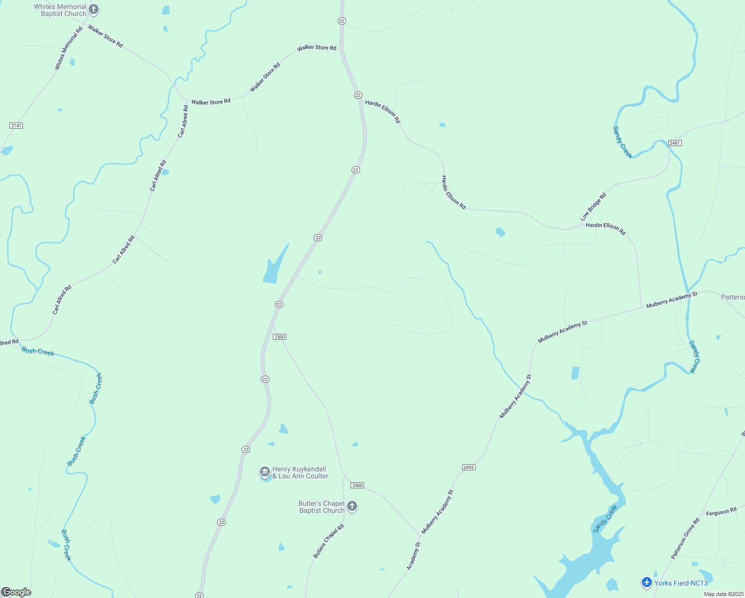 map of restaurants, bars, coffee shops, grocery stores, and more near 3502 Cedar Forest Road in Franklinville