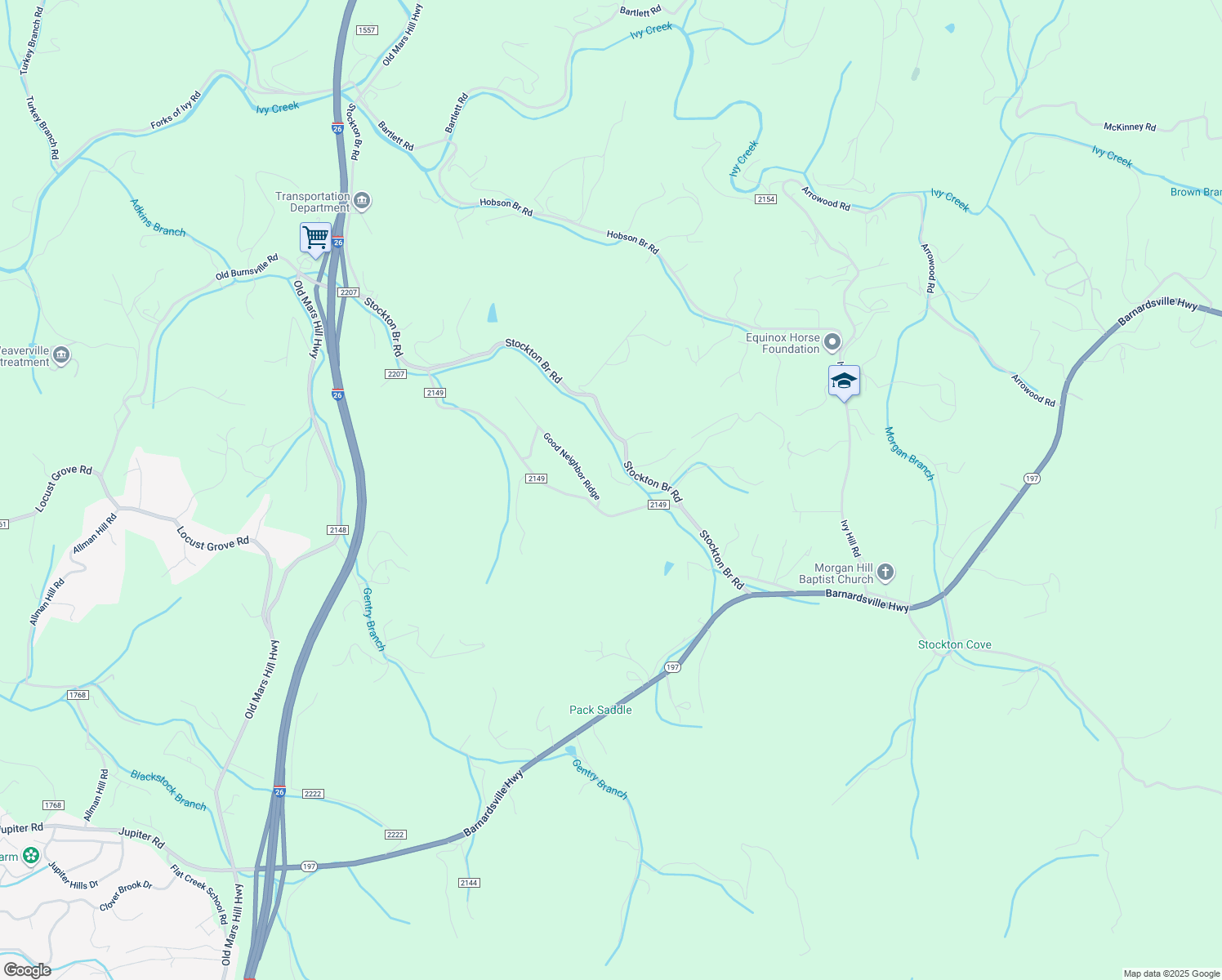 map of restaurants, bars, coffee shops, grocery stores, and more near 145 Gavin Glenn Road in Weaverville