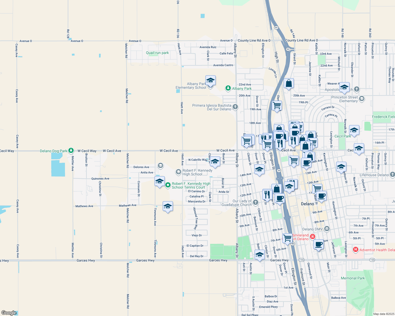 map of restaurants, bars, coffee shops, grocery stores, and more near 341 North Cabrillo Way in Delano