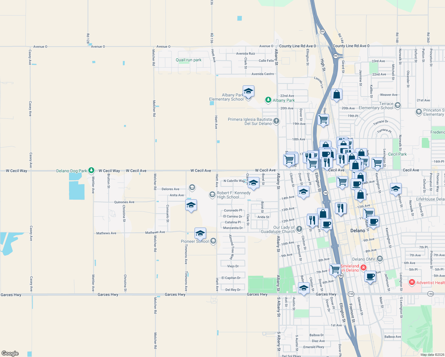 map of restaurants, bars, coffee shops, grocery stores, and more near 433 North Cabrillo Way in Delano