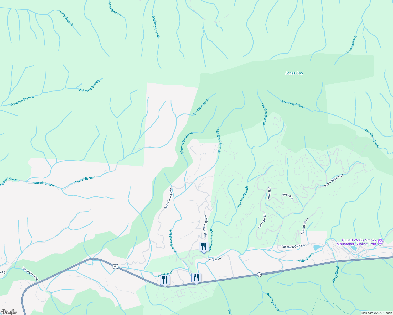 map of restaurants, bars, coffee shops, grocery stores, and more near 733 Big Bear Ridge Road in Gatlinburg