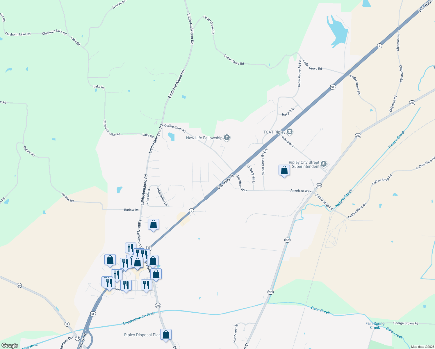 map of restaurants, bars, coffee shops, grocery stores, and more near 46 Village Avenue in Ripley