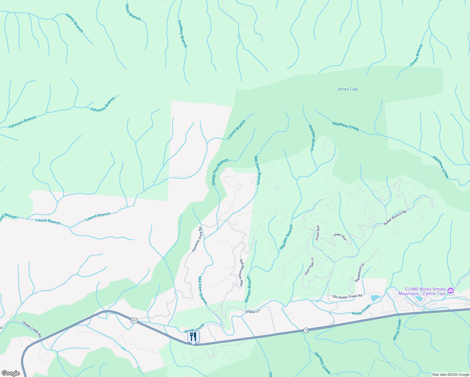 map of restaurants, bars, coffee shops, grocery stores, and more near 733 Big Bear Ridge Road in Gatlinburg