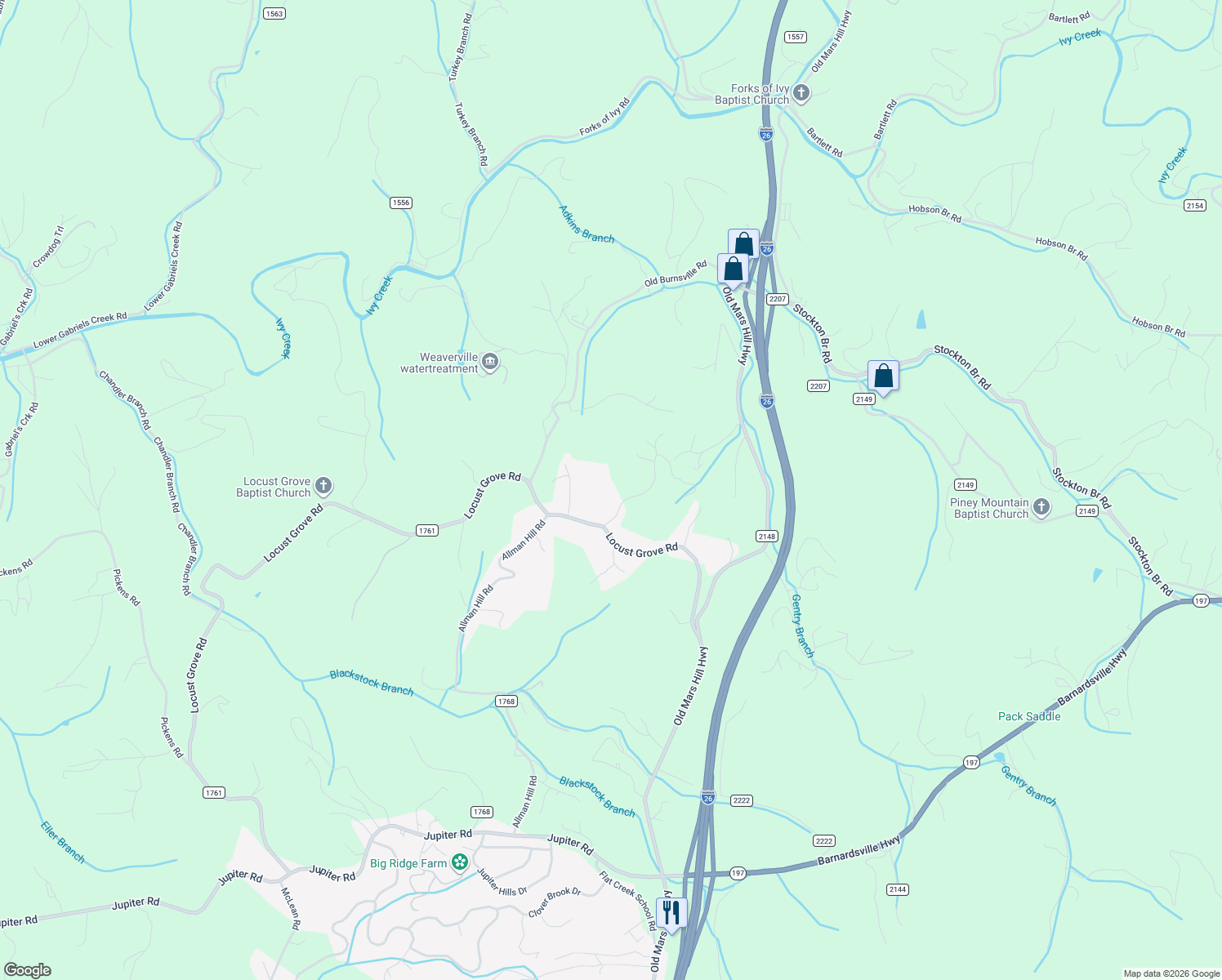 map of restaurants, bars, coffee shops, grocery stores, and more near 20 Moss Road in Weaverville