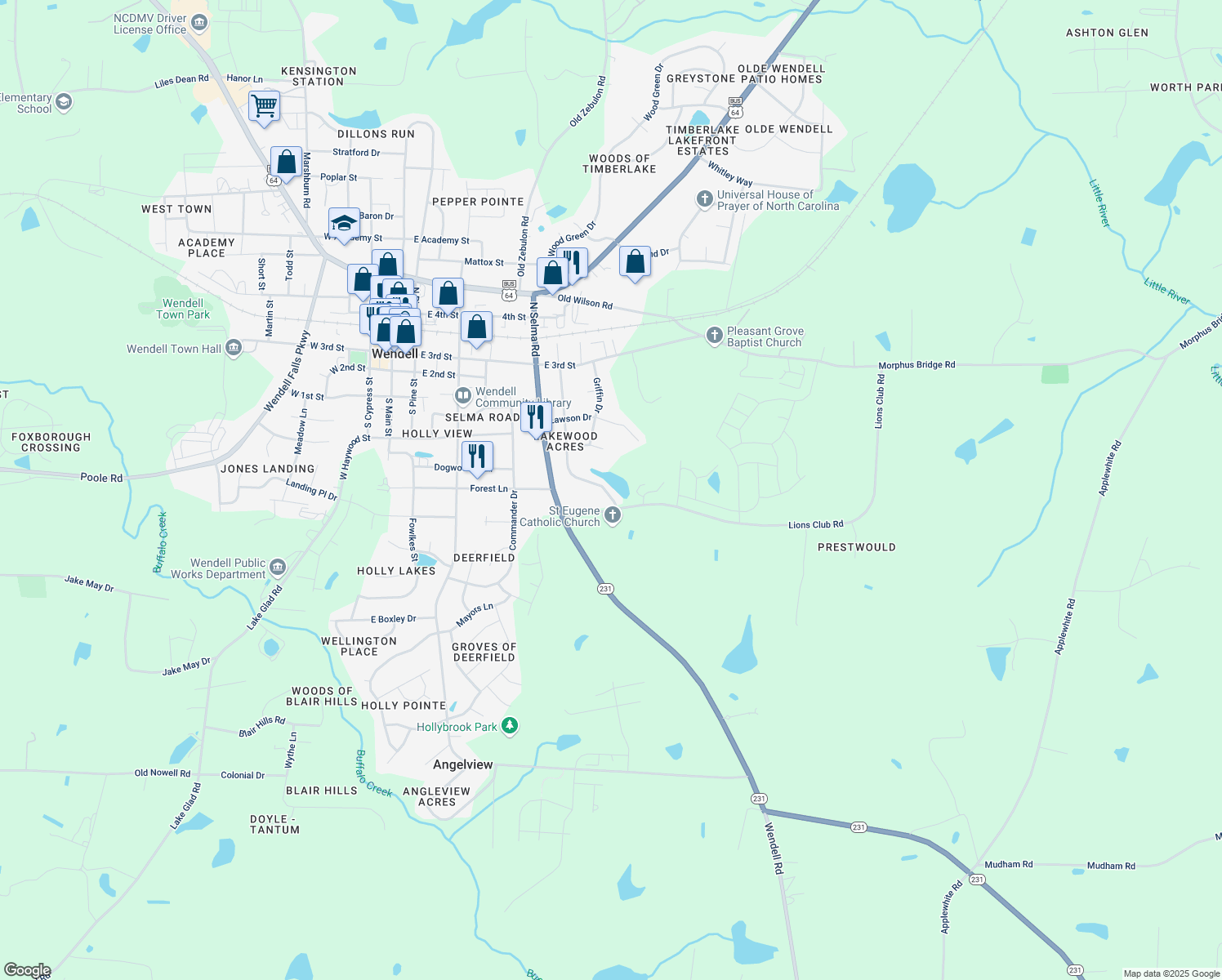 map of restaurants, bars, coffee shops, grocery stores, and more near 281 Lakewood Drive in Wendell