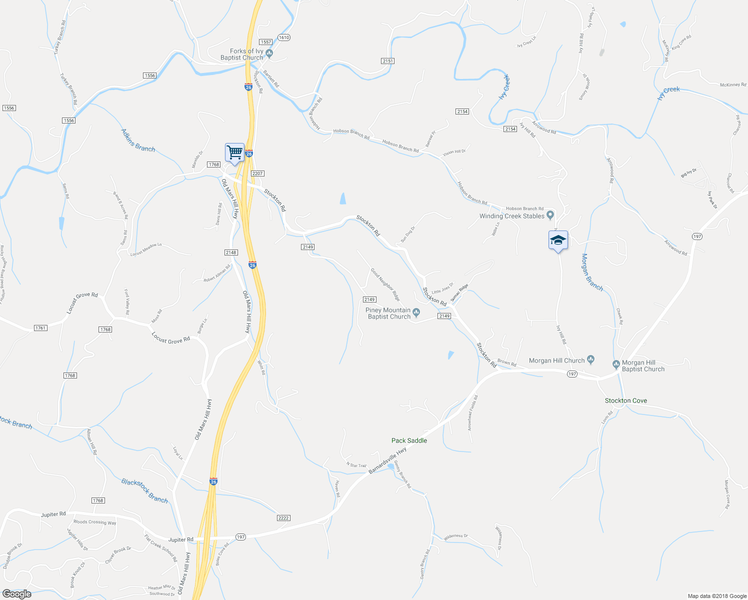 map of restaurants, bars, coffee shops, grocery stores, and more near 110 Elkins Branch Road in Weaverville