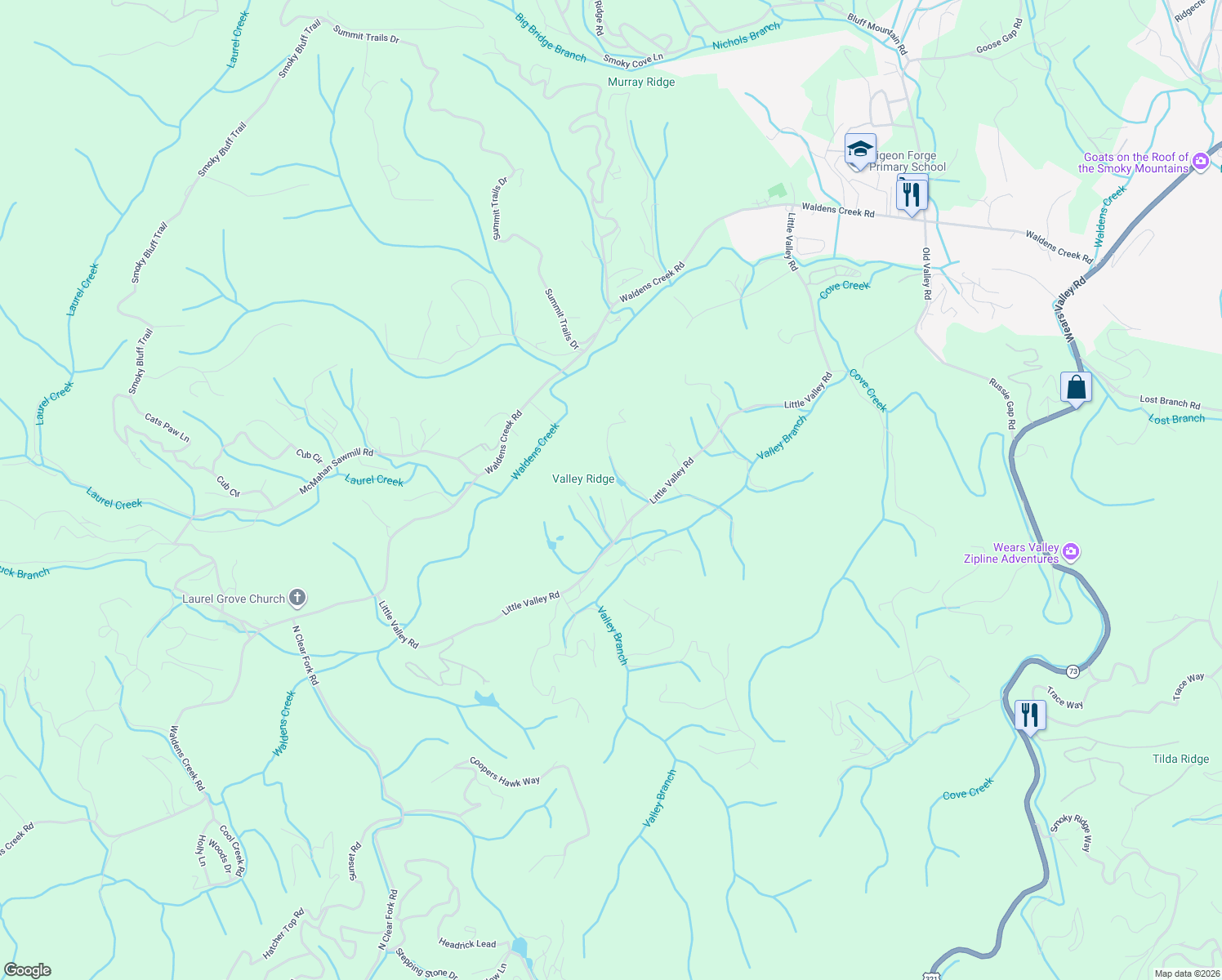 map of restaurants, bars, coffee shops, grocery stores, and more near 2164 Little Valley Road in Sevierville