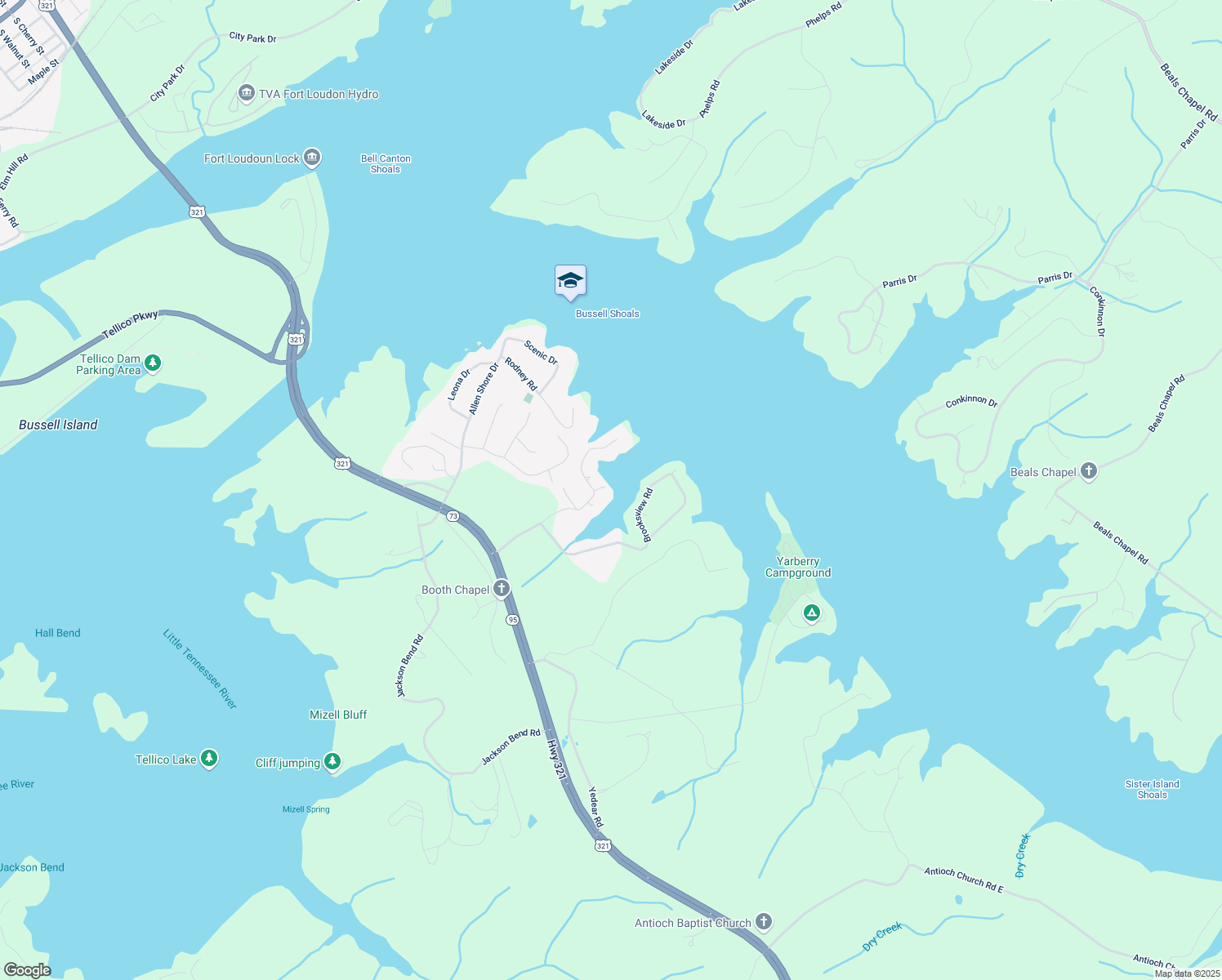map of restaurants, bars, coffee shops, grocery stores, and more near 3000 Sandy Shore Drive in Lenoir City