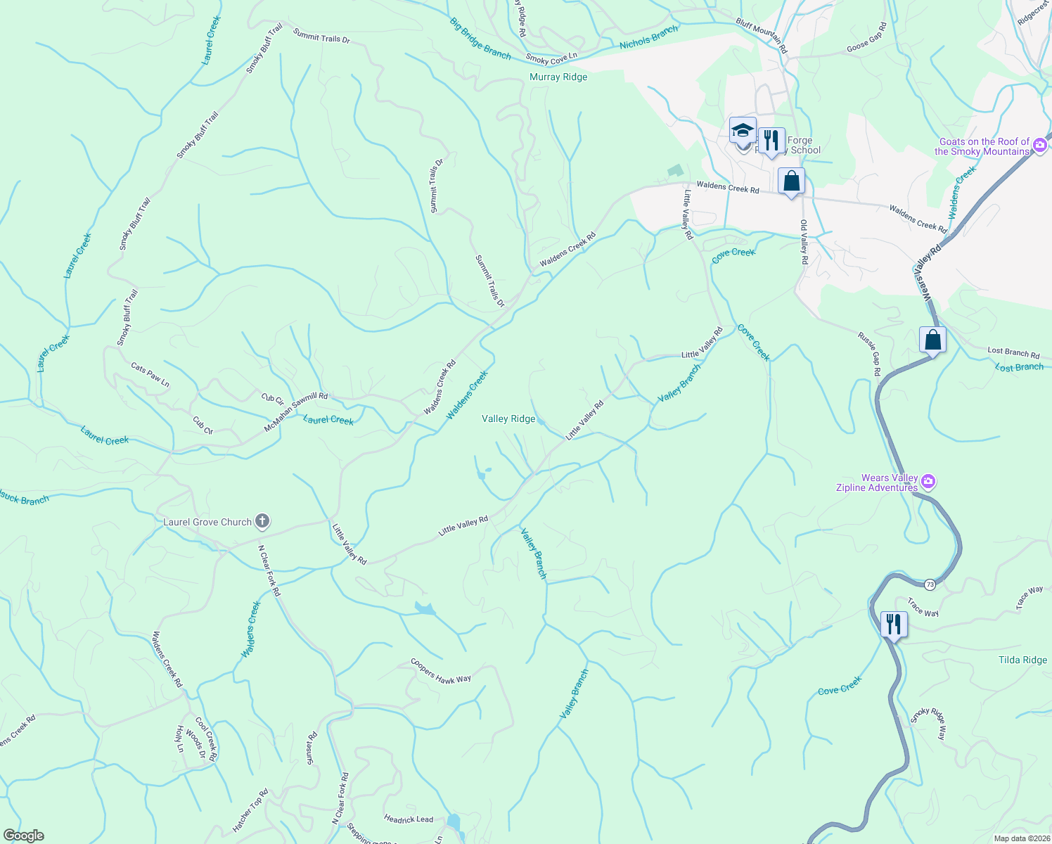 map of restaurants, bars, coffee shops, grocery stores, and more near 2164 Little Valley Road in Sevierville