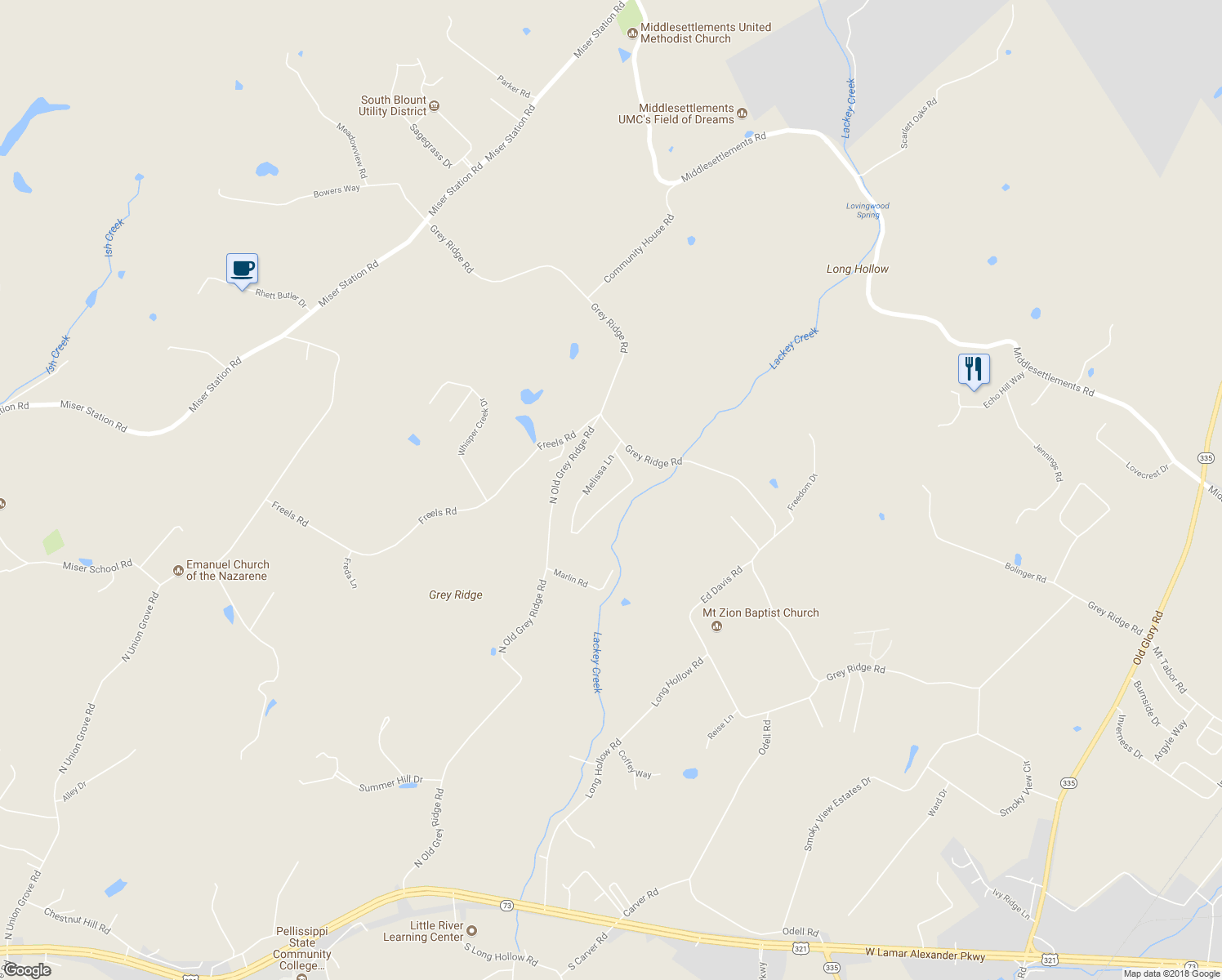 map of restaurants, bars, coffee shops, grocery stores, and more near 3839 Melissa Lane in Maryville