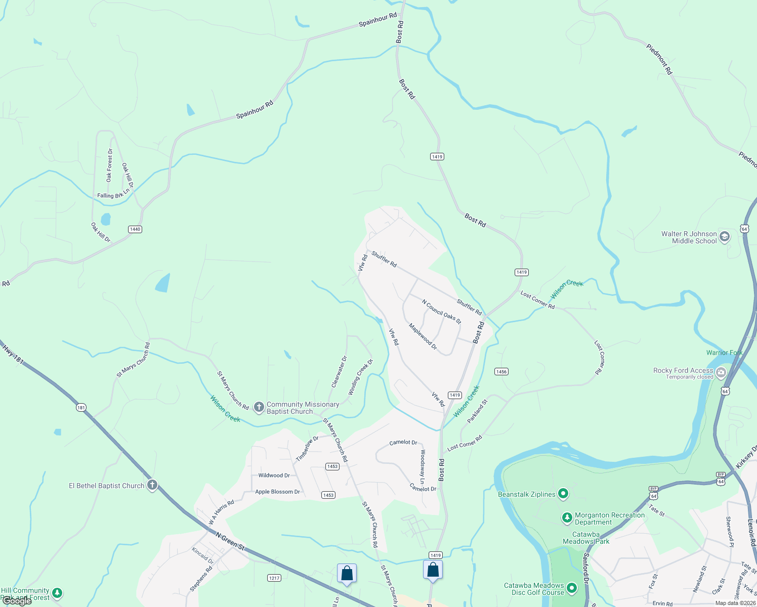 map of restaurants, bars, coffee shops, grocery stores, and more near 204 Vfw Road in Morganton