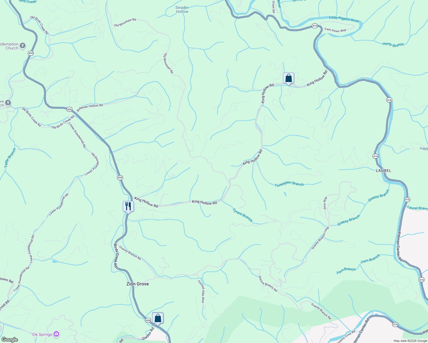 map of restaurants, bars, coffee shops, grocery stores, and more near 3843 Old Mountain Road in Sevierville