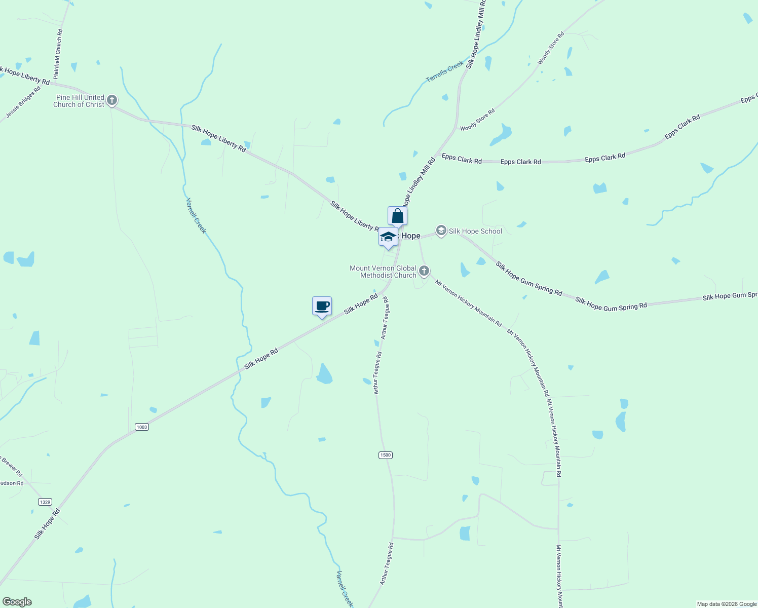 map of restaurants, bars, coffee shops, grocery stores, and more near 3926 Silk Hope Road in Siler City