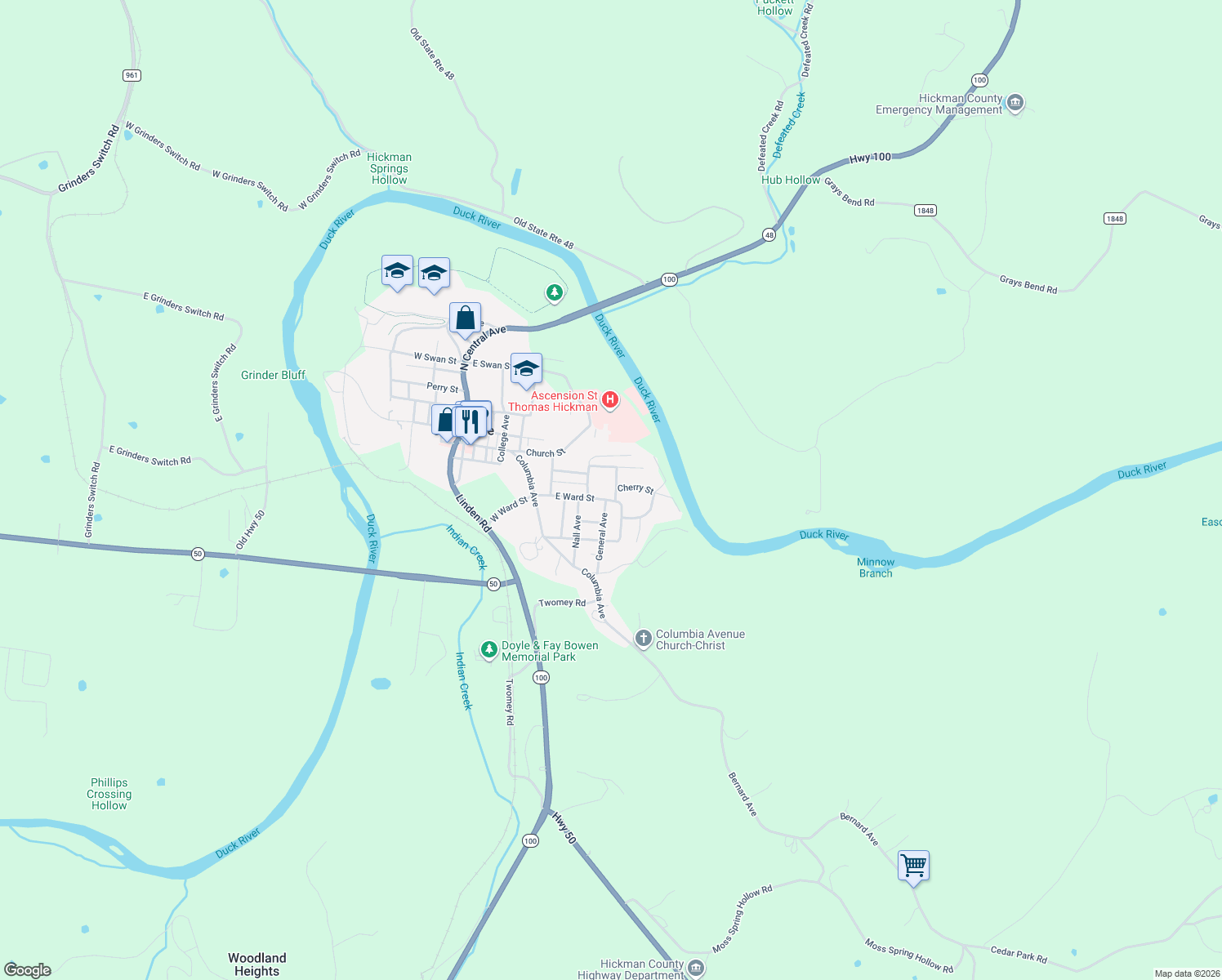 map of restaurants, bars, coffee shops, grocery stores, and more near 103 Hurt Avenue in Centerville