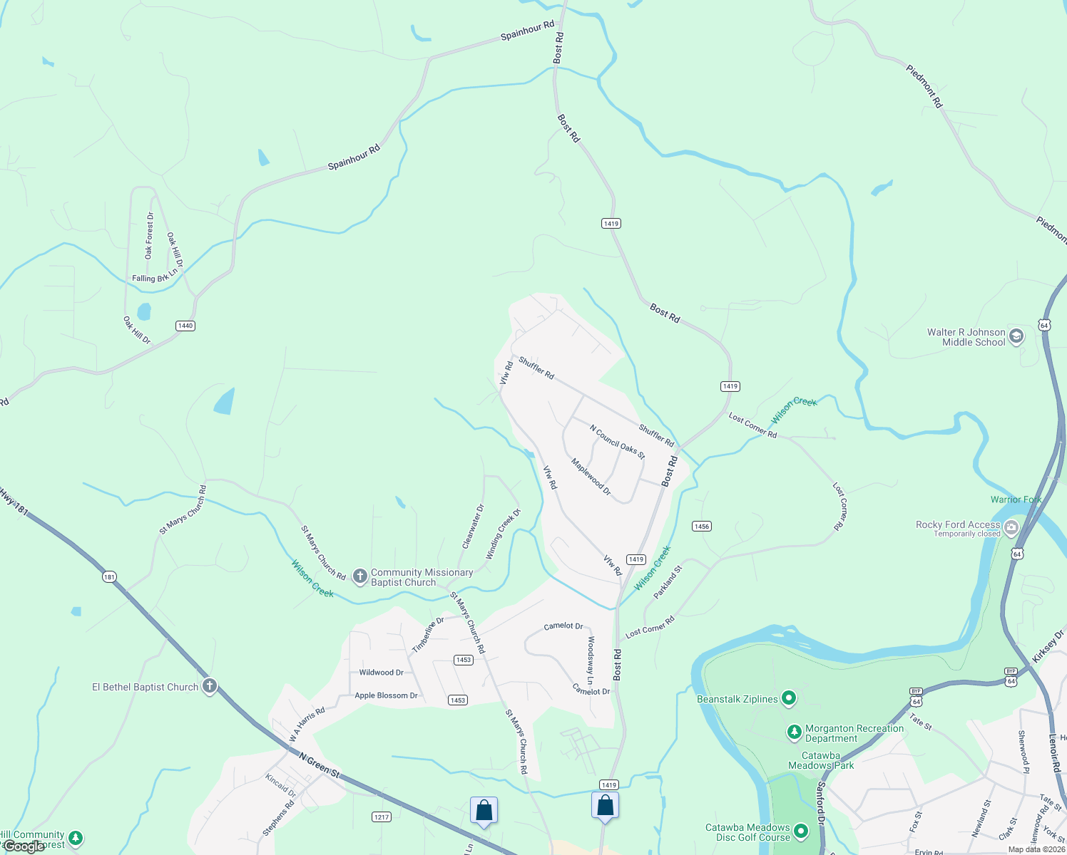 map of restaurants, bars, coffee shops, grocery stores, and more near 204 Vfw Road in Morganton