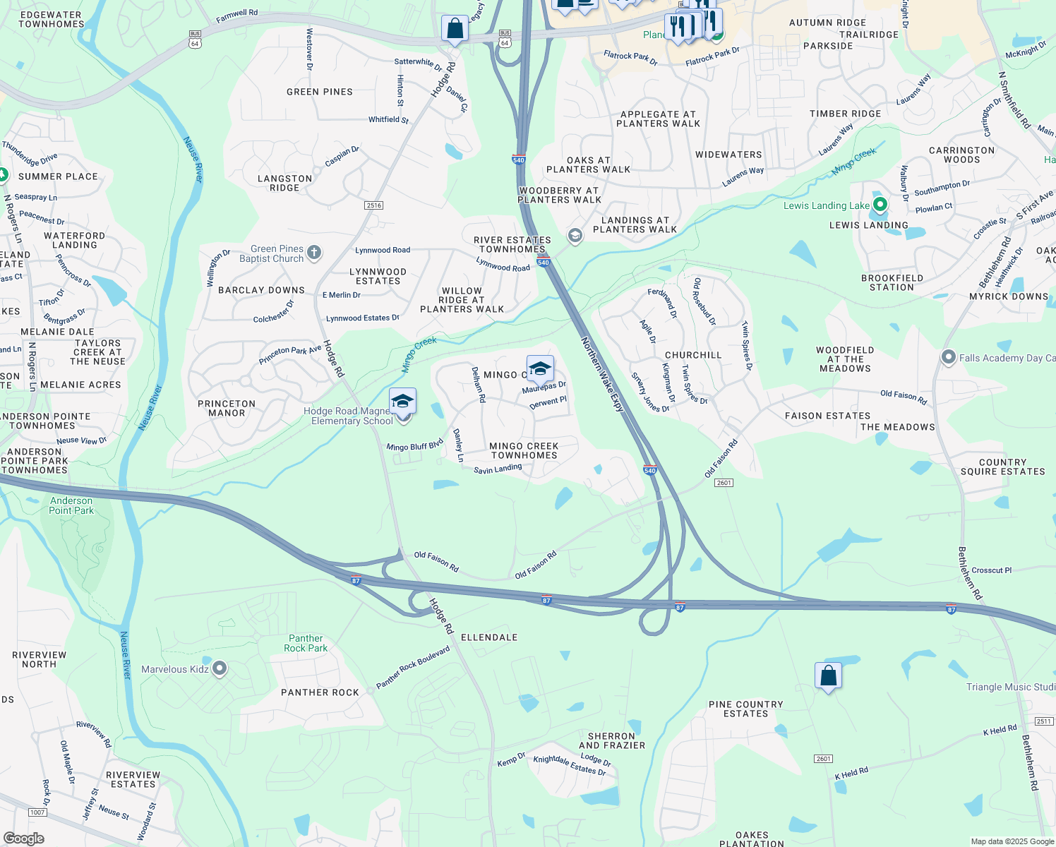 map of restaurants, bars, coffee shops, grocery stores, and more near 805 Hadel Place in Knightdale