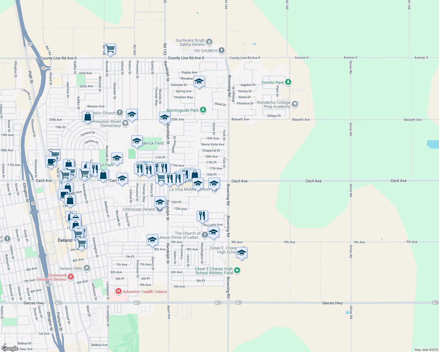 map of restaurants, bars, coffee shops, grocery stores, and more near 1620 Yakima Court in Delano