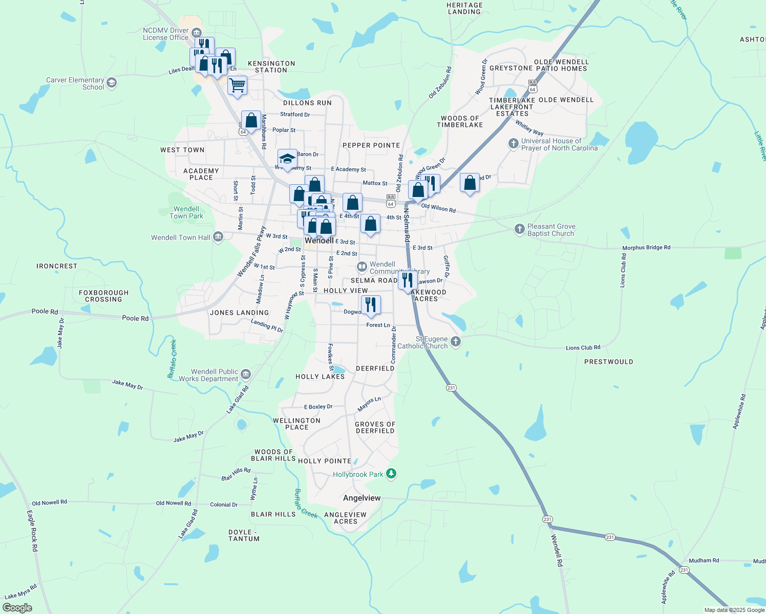map of restaurants, bars, coffee shops, grocery stores, and more near 245 Dogwood Trail in Wendell
