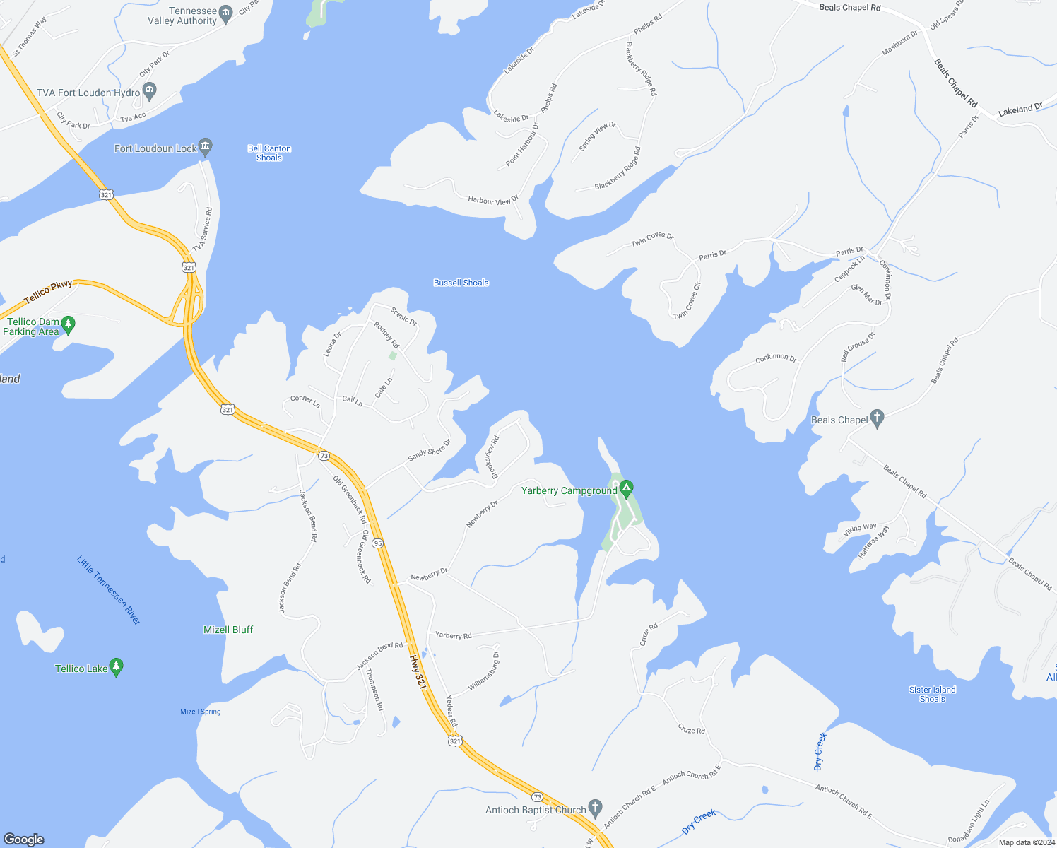 map of restaurants, bars, coffee shops, grocery stores, and more near 4080 Brooksview Road in Lenoir City