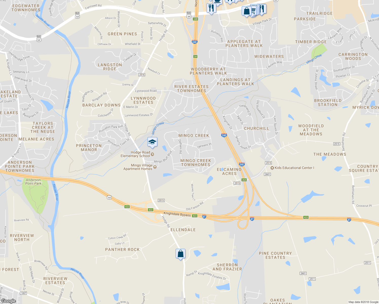 map of restaurants, bars, coffee shops, grocery stores, and more near 808 Willowedge Court in Knightdale