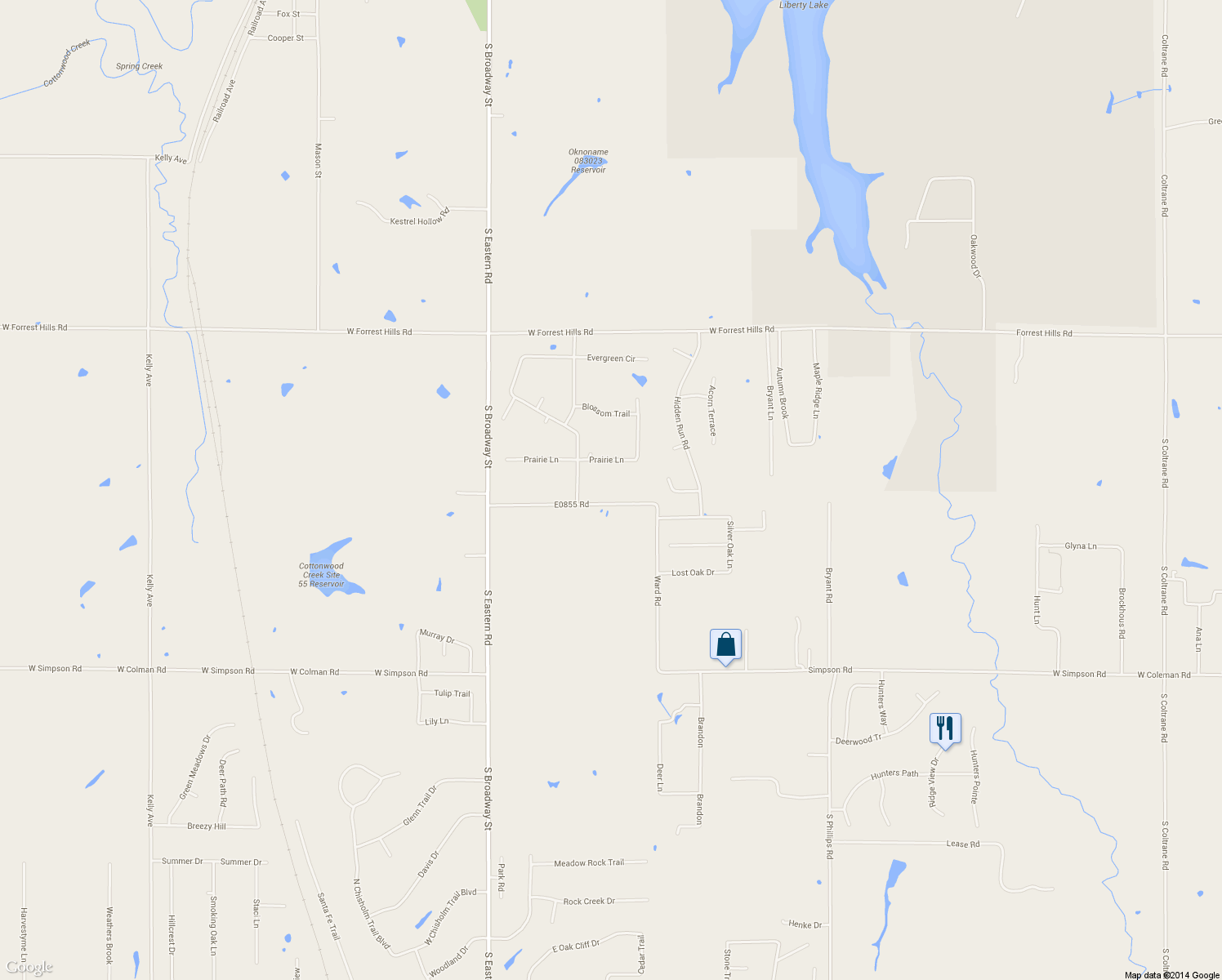 map of restaurants, bars, coffee shops, grocery stores, and more near 675 E0855 Road in Guthrie