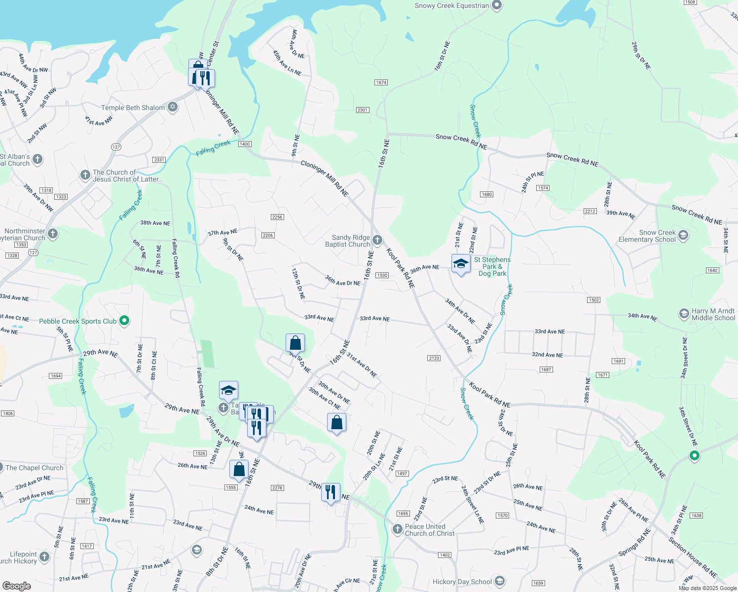 map of restaurants, bars, coffee shops, grocery stores, and more near 3420 16th Street Northeast in Hickory