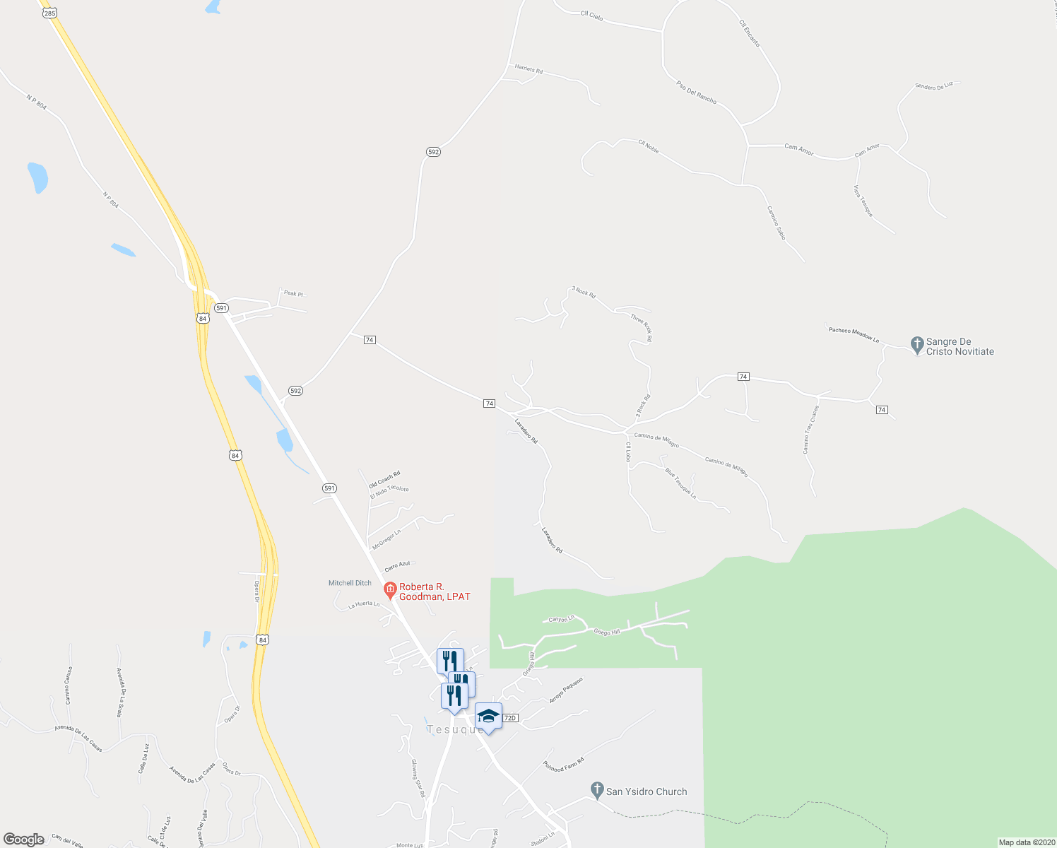 map of restaurants, bars, coffee shops, grocery stores, and more near 8 Lavadero Road in Santa Fe