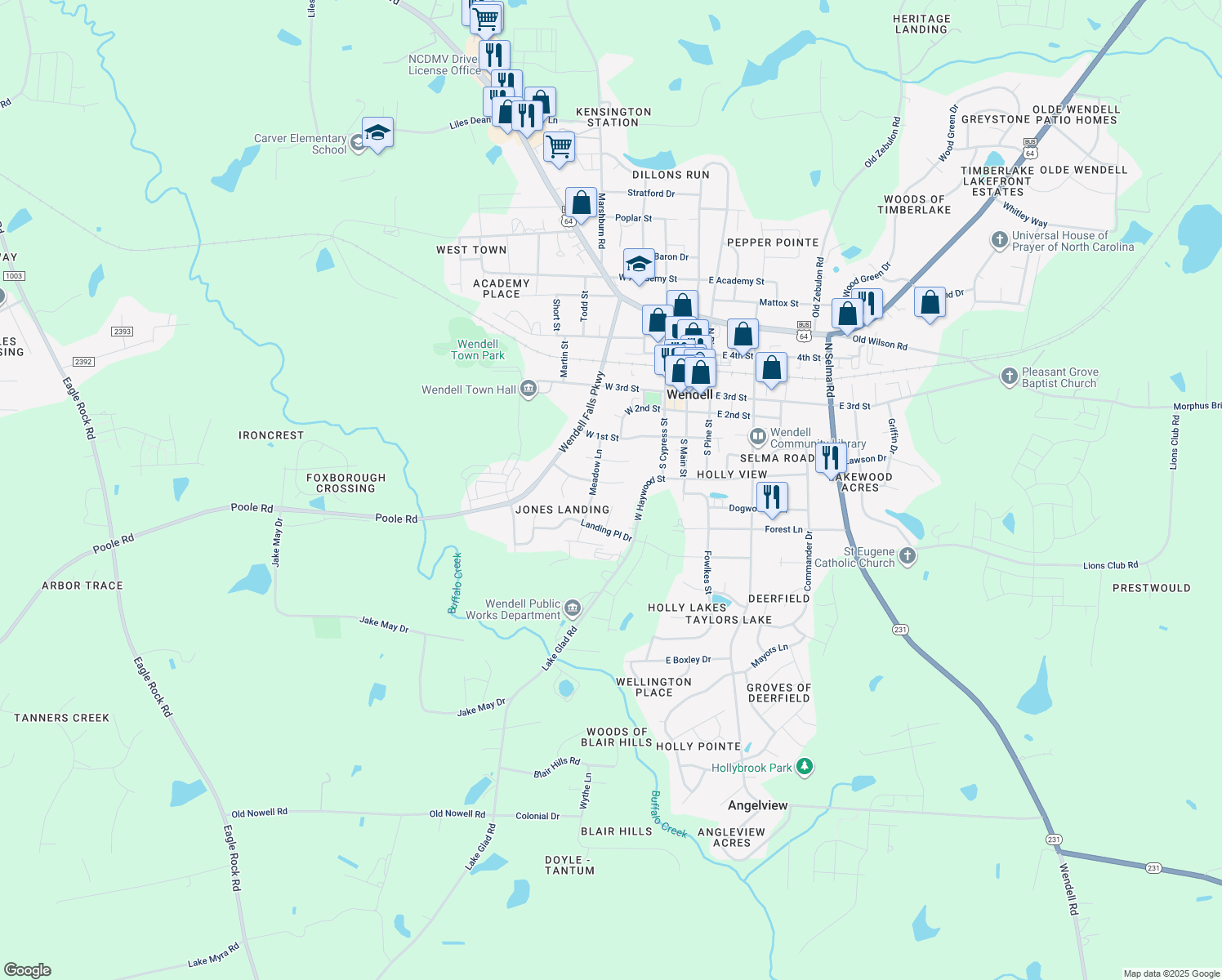 map of restaurants, bars, coffee shops, grocery stores, and more near 22 East Maggie Court in Wendell