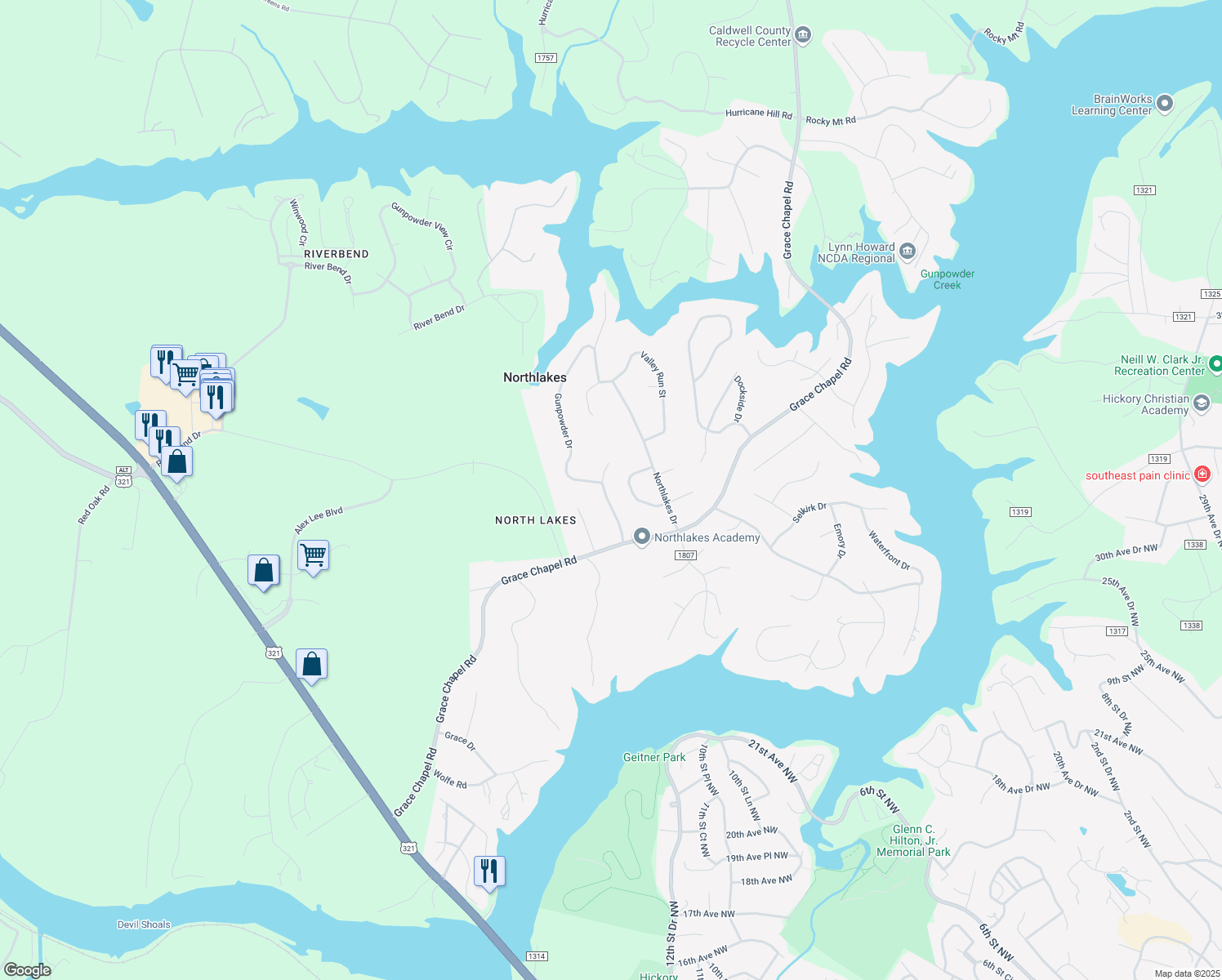 map of restaurants, bars, coffee shops, grocery stores, and more near 6160 Timberlane Terrace in Hickory