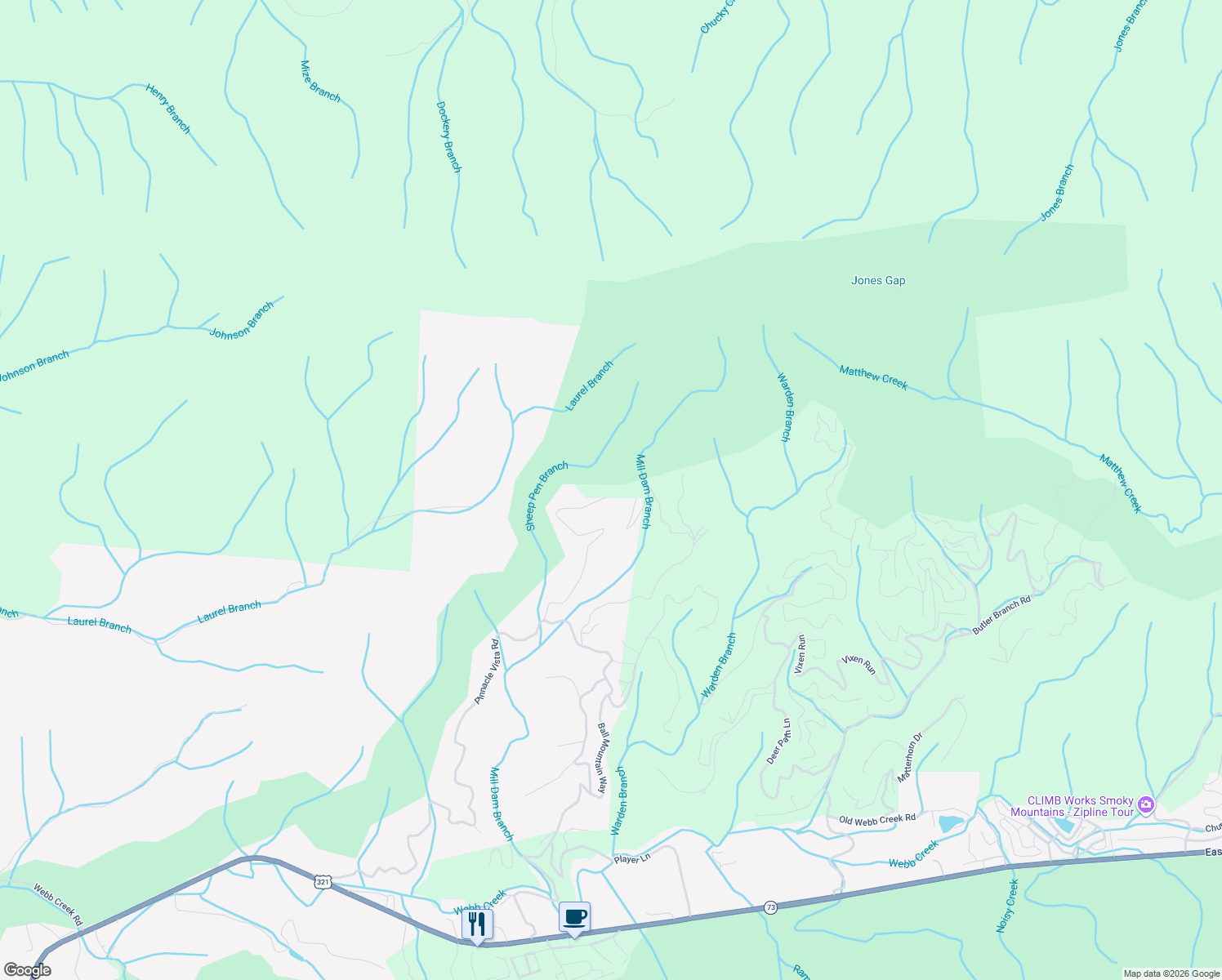 map of restaurants, bars, coffee shops, grocery stores, and more near 831 Big Bear Road in Sevier