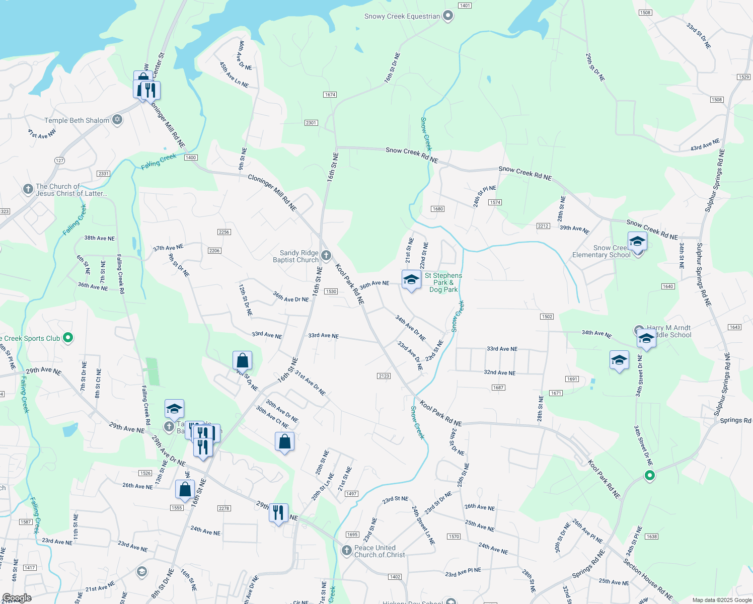 map of restaurants, bars, coffee shops, grocery stores, and more near 2020 34th Ave Dr NE in Hickory