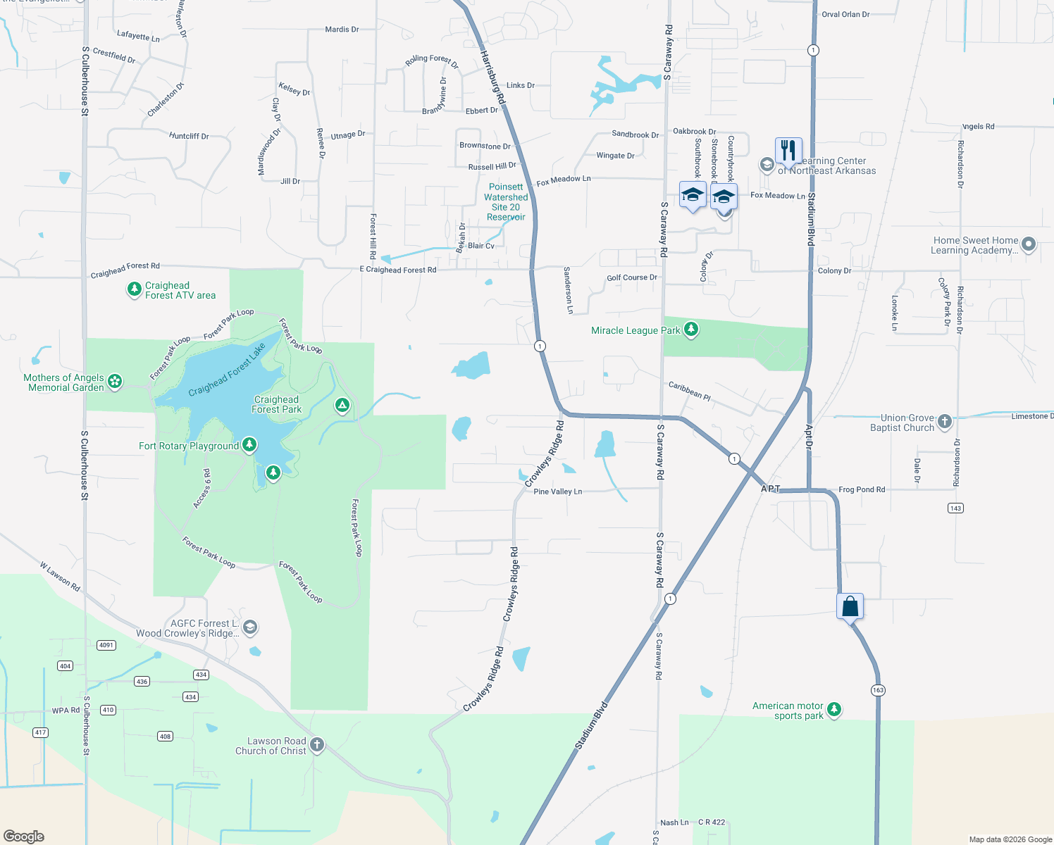 map of restaurants, bars, coffee shops, grocery stores, and more near 1712 High Ridge Lane in Jonesboro