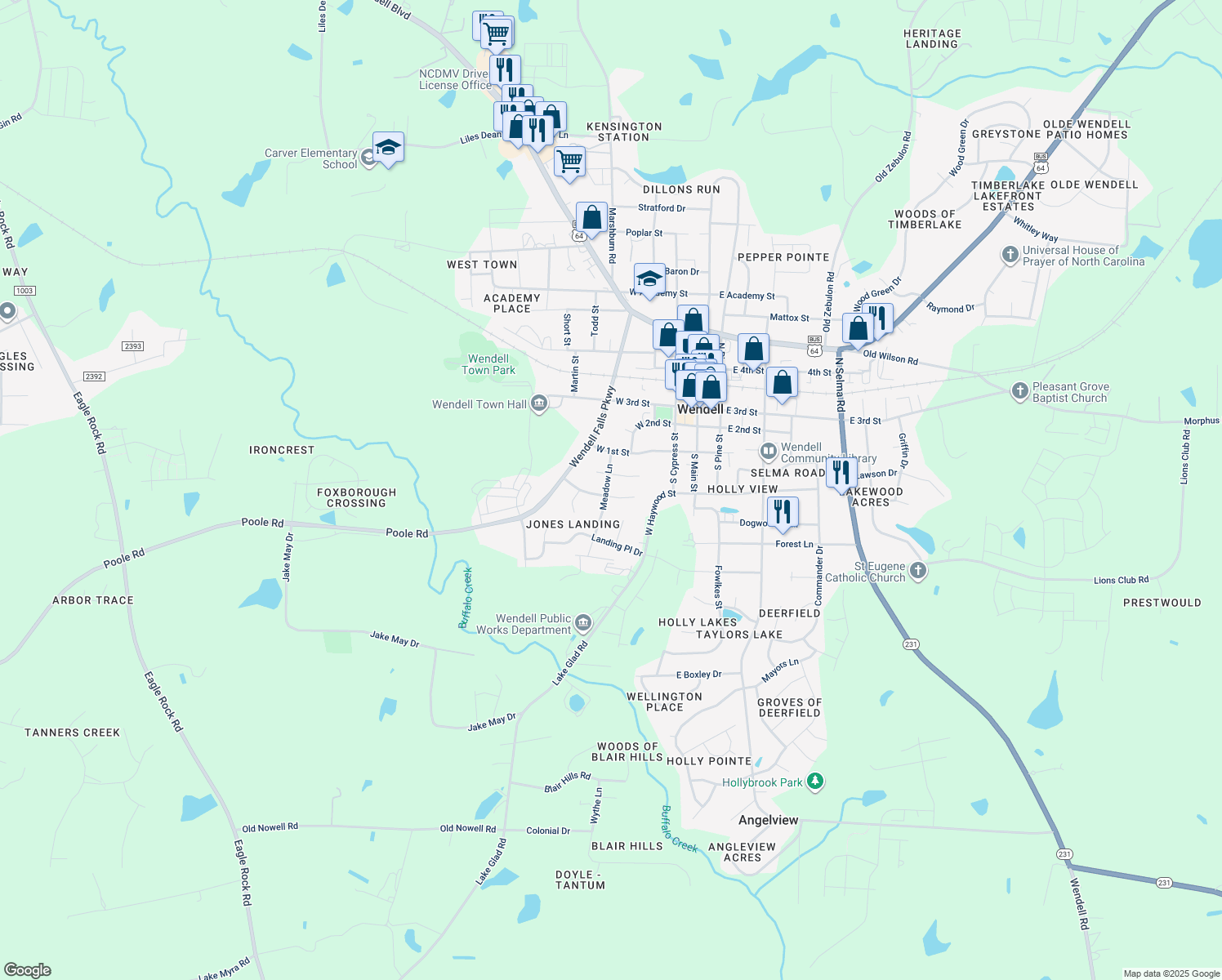 map of restaurants, bars, coffee shops, grocery stores, and more near 4 East Maggie Court in Wendell